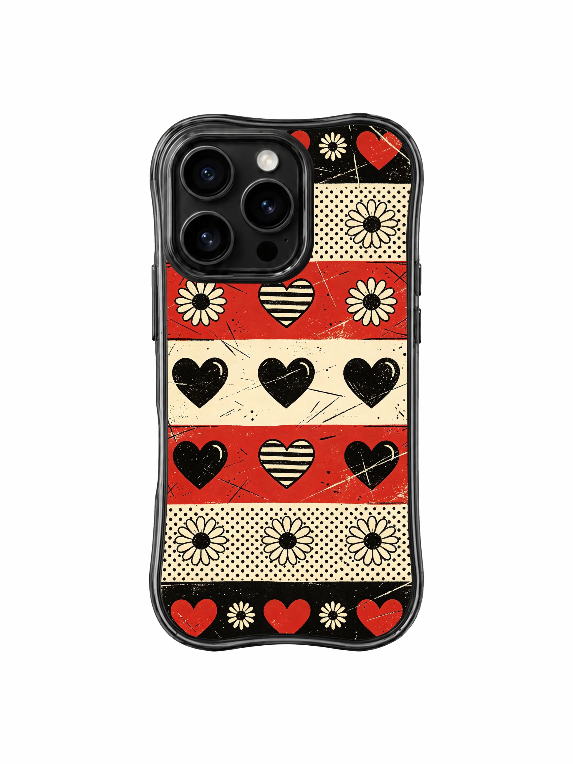 PhoneCasing iPhone 16 pro Case with uneven faded scratch abrasion and subtle uneven worn print distressing as layered underground punk rock poster texture details across the full checker stripe surface, exclusive Ruby Daze wearable wavy black frame dark academia punk geometric sketch art.