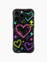 Punk pop aesthetic PhoneCasing iPhone 13 Pro Max cover, Sweet Rebel Hearts chaotic scribble print, neon pink cyan purple hearts, scattered star and thunder doodles
