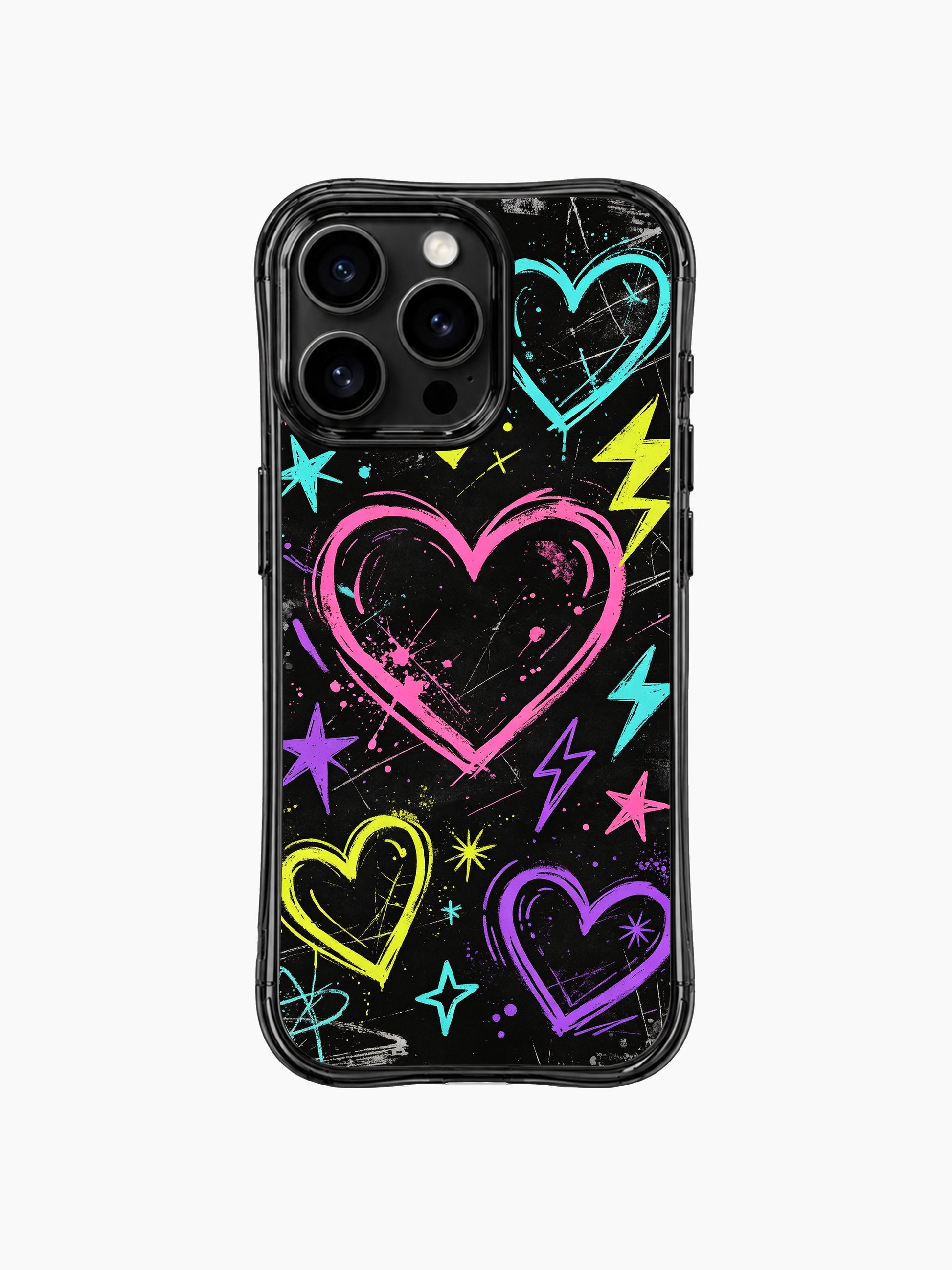 Punk pop aesthetic PhoneCasing iPhone 13 Pro Max cover, Sweet Rebel Hearts chaotic scribble print, neon pink cyan purple hearts, scattered star and thunder doodles