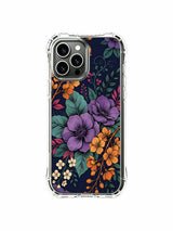 PhoneCasing iPhone 16 Pro Max Case with Purple Bloom Gold Glow art. Rich flowers on a dark indigo background, illustrated case for art lovers.