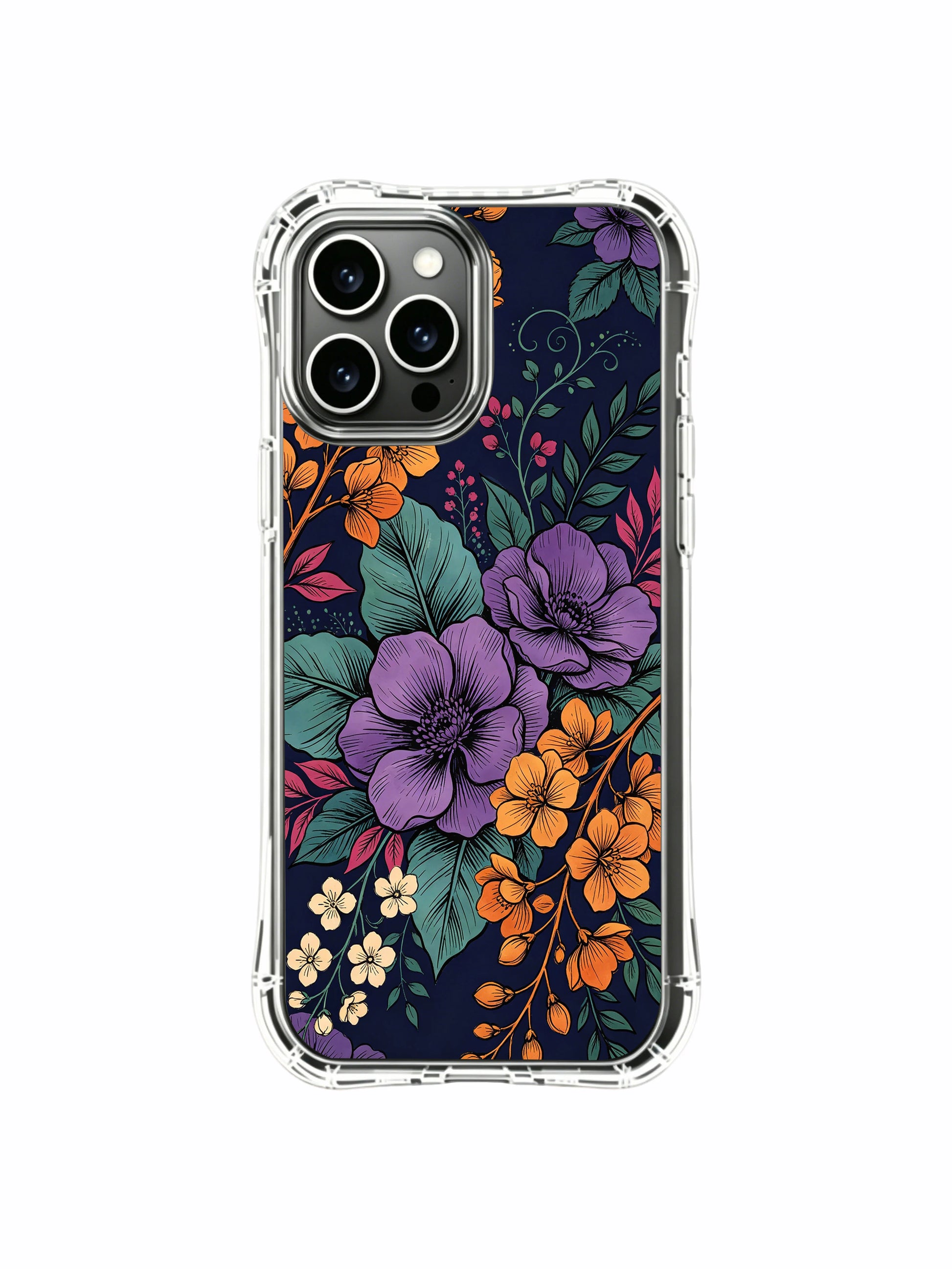 PhoneCasing iPhone 16 Pro Max Case with Purple Bloom Gold Glow art. Rich flowers on a dark indigo background, illustrated case for art lovers.