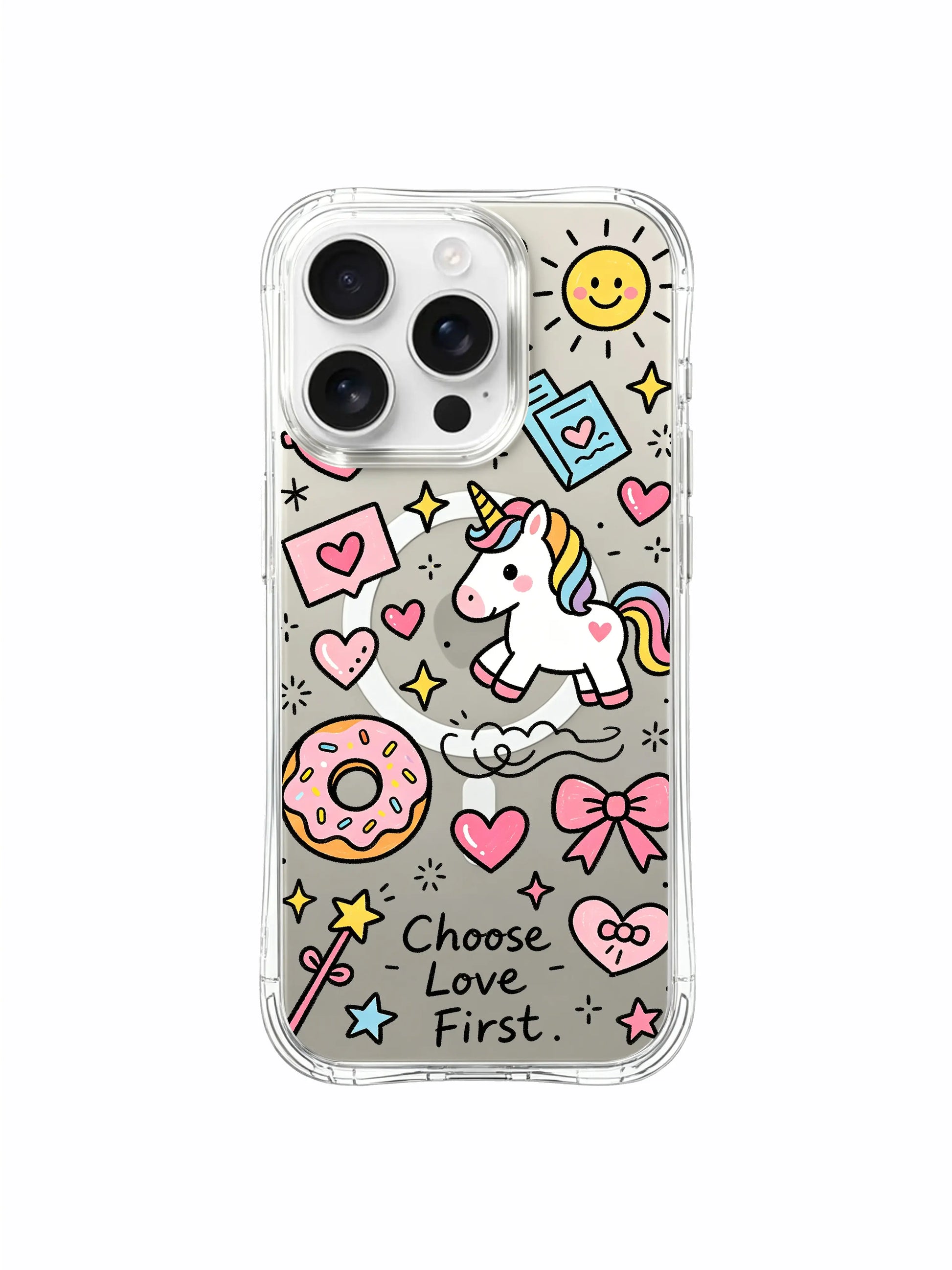 PhoneCasing iPhone 16 pro max non-slip grip case with purple bow details, resting unicorn and sprinkled donut cute doodles.