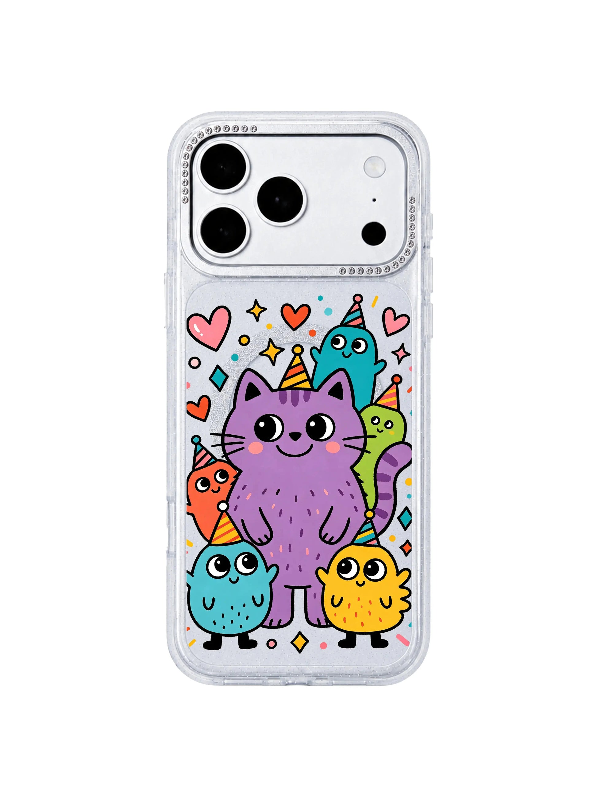 PhoneCasing partial back close-up showing built-in MagSafe wireless charging ring inside Purple Cat Friends iPhone 17 Pro Max case, seamless magnetic charging compatibility showcase for the iPhone 17 Pro Max casing