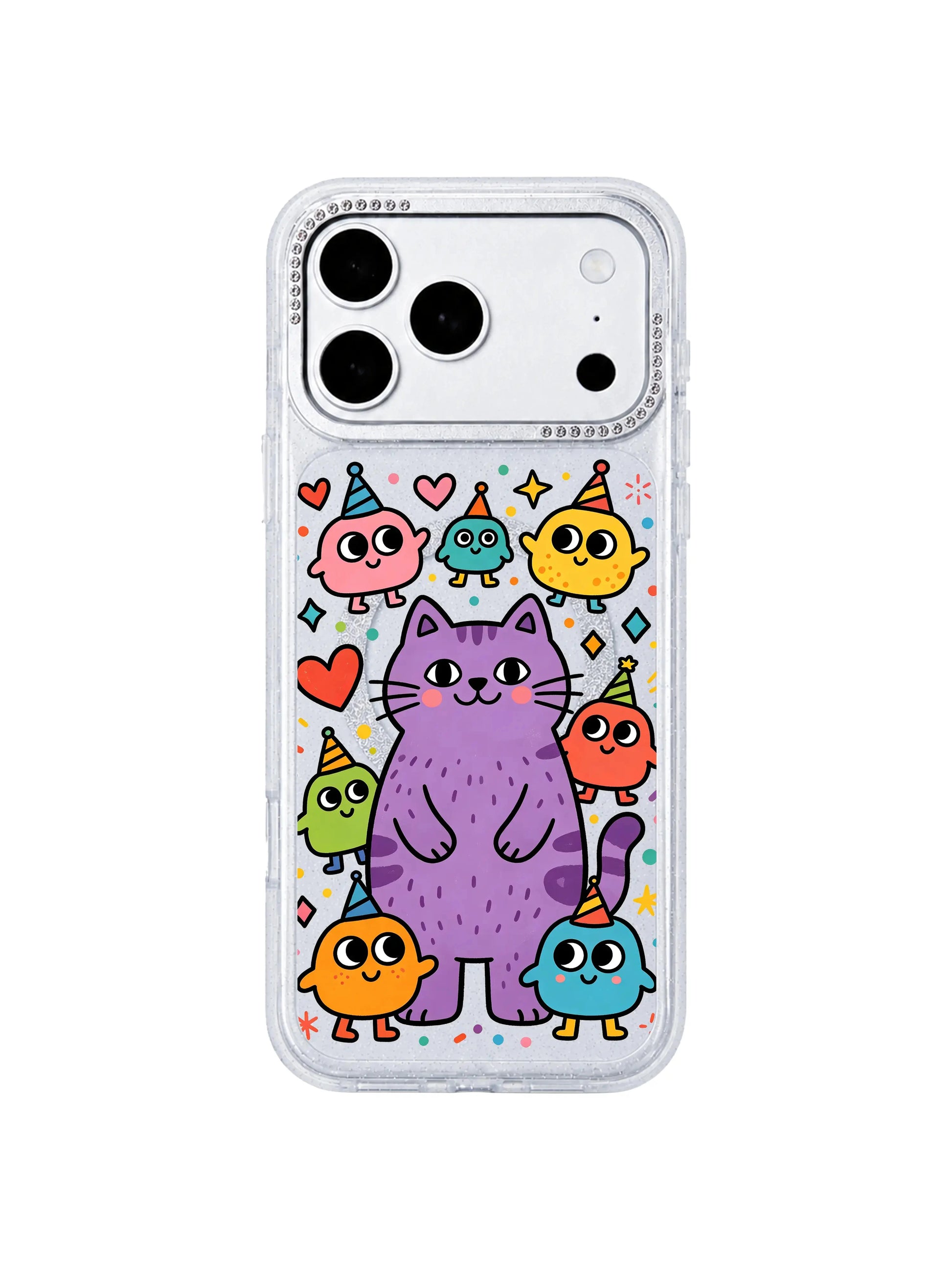 PhoneCasing dual-angle carousel overview graphic of Purple Cat Gang iPhone 17 Pro Max case, combining front central cat artwork and rhinestone frame shots for Shopify product carousel slides of the iPhone 17 Pro Max casing