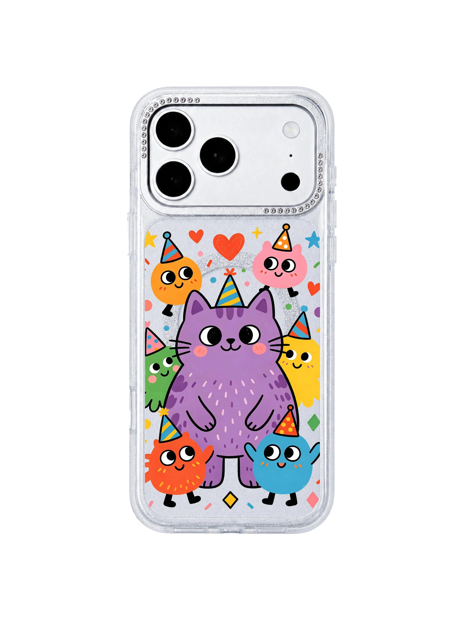 PhoneCasing wide horizontal category banner with full Purple Cat Smile pattern grid on iPhone 17 Pro Max case, complete layout of varied tiny monster variants for iPhone 17 Pro Max casing collection landing page