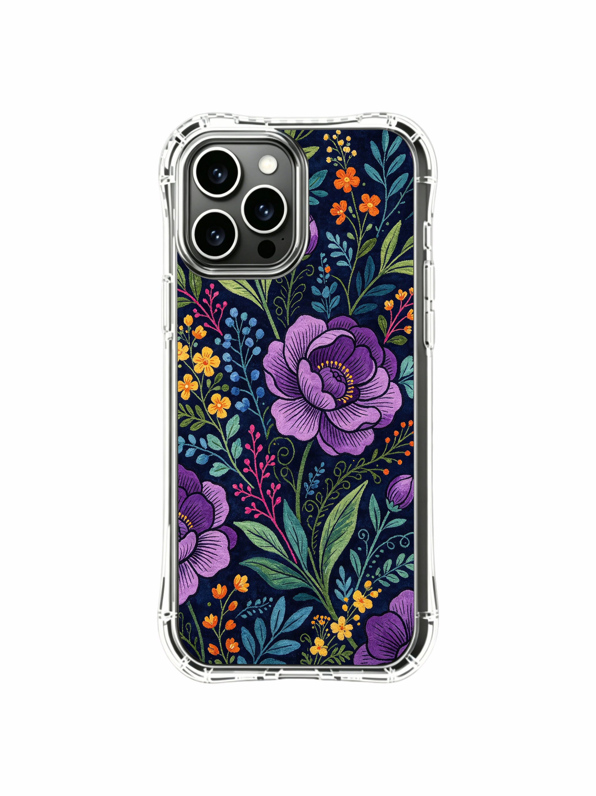 PhoneCasing iPhone 16 Pro Max Case with Purple Floral Nocturne art. Purple peonies and wild blooms, durable protective case.