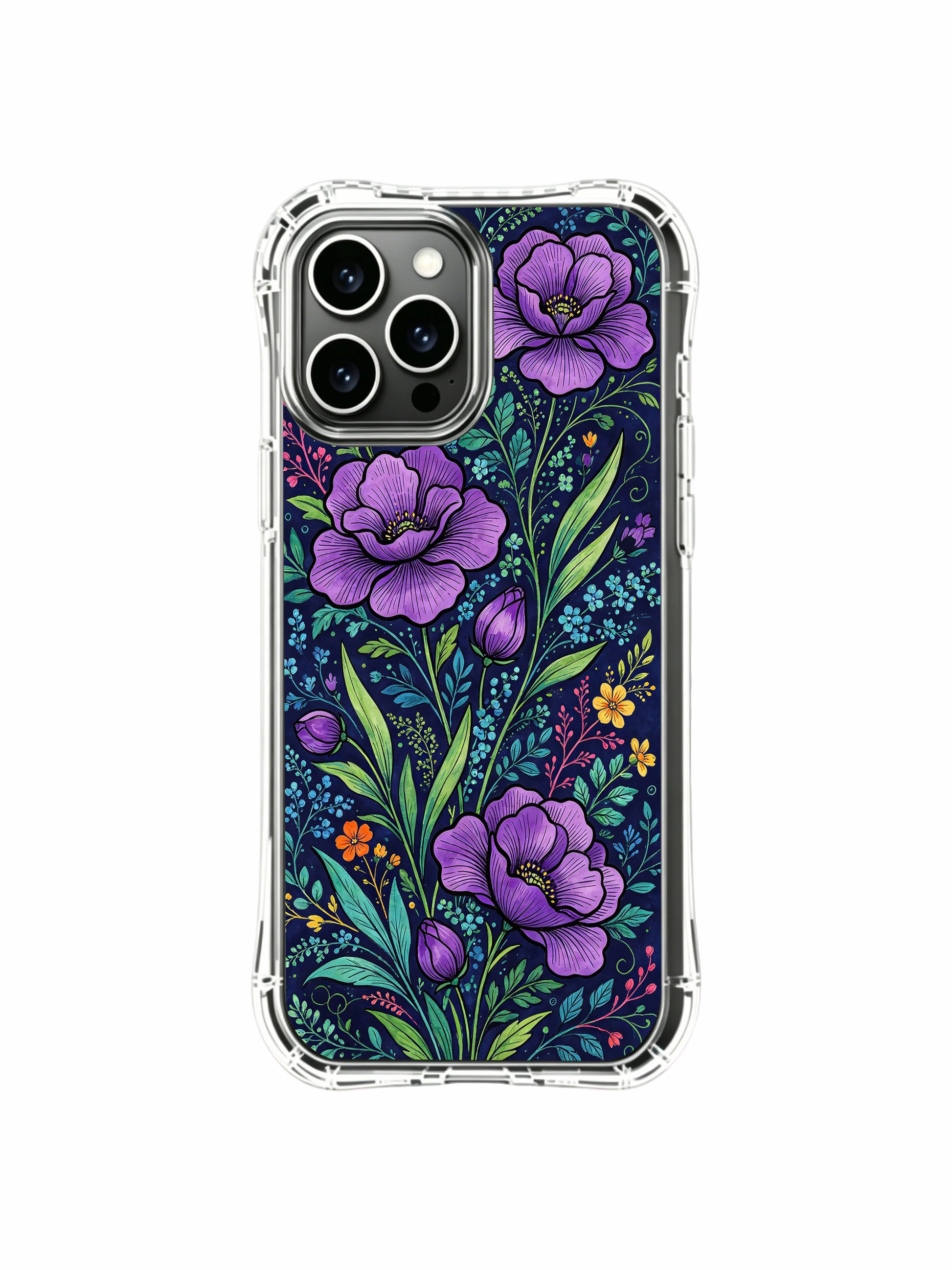 PhoneCasing iPhone 16 Pro Max Case with Purple Peony Serenity art. Rich purple blooms on a dark indigo background, illustrated case for art lovers.