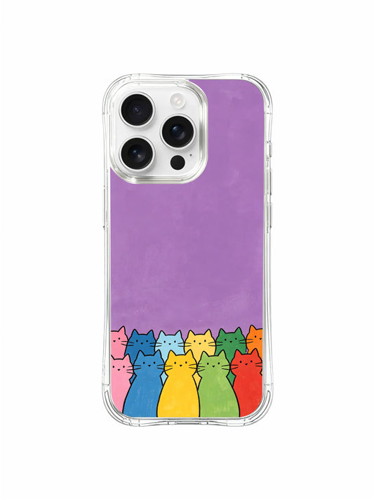 PhoneCasing iPhone 16 Pro Max featuring the Purple Sky Cat Gathering design by artist Mimi Colorfield, a cozy group of colorful cats on a soft purple background.