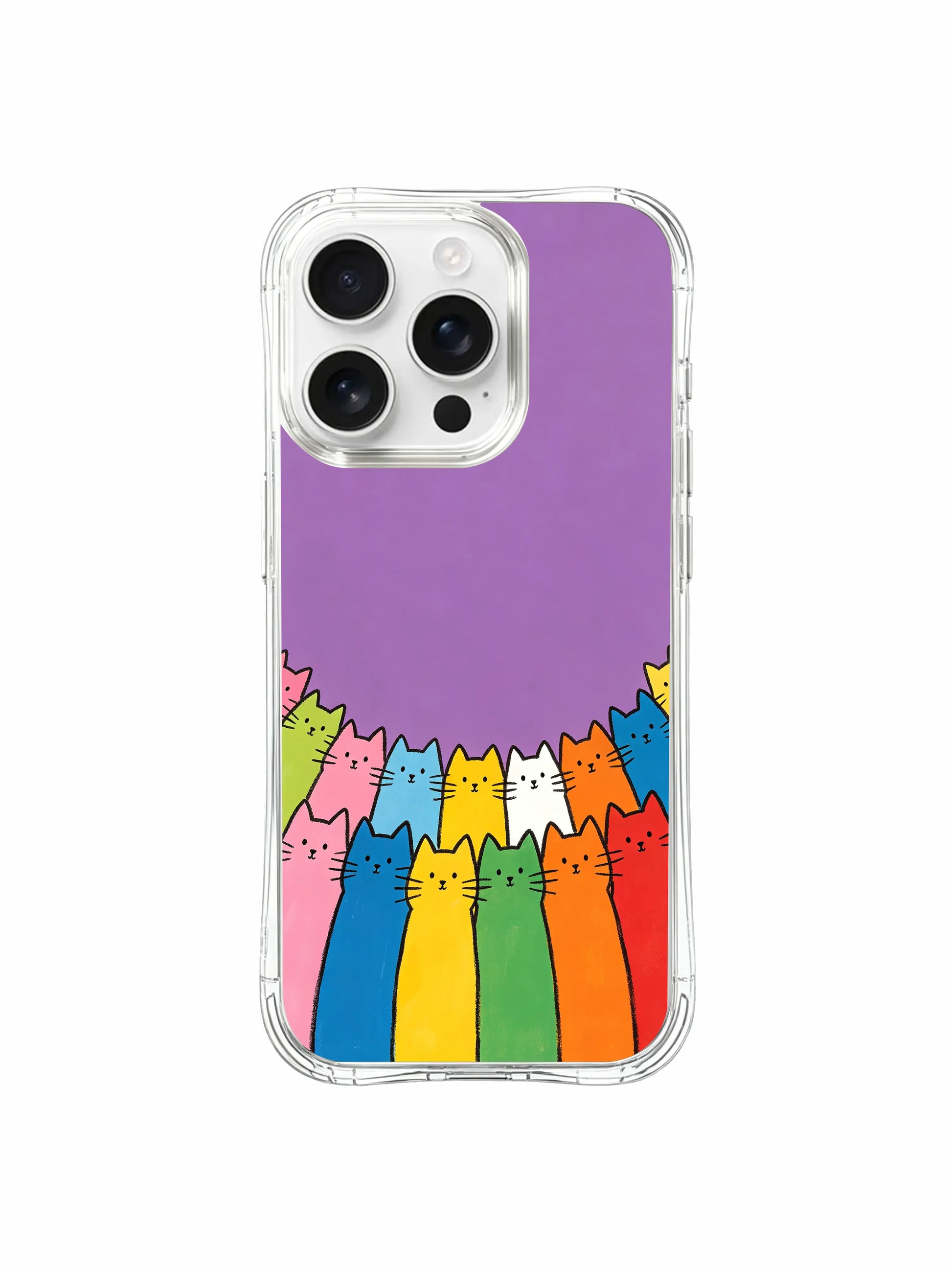 PhoneCasing iPhone 16 Pro Max showcasing Purple Sky Feline Squad, a whimsical team of cats in a simple, joyful style.