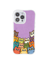 PhoneCasing iPhone 16 pro max clear case showing expressive cats on a vibrant purple background, full of theatrical charm.