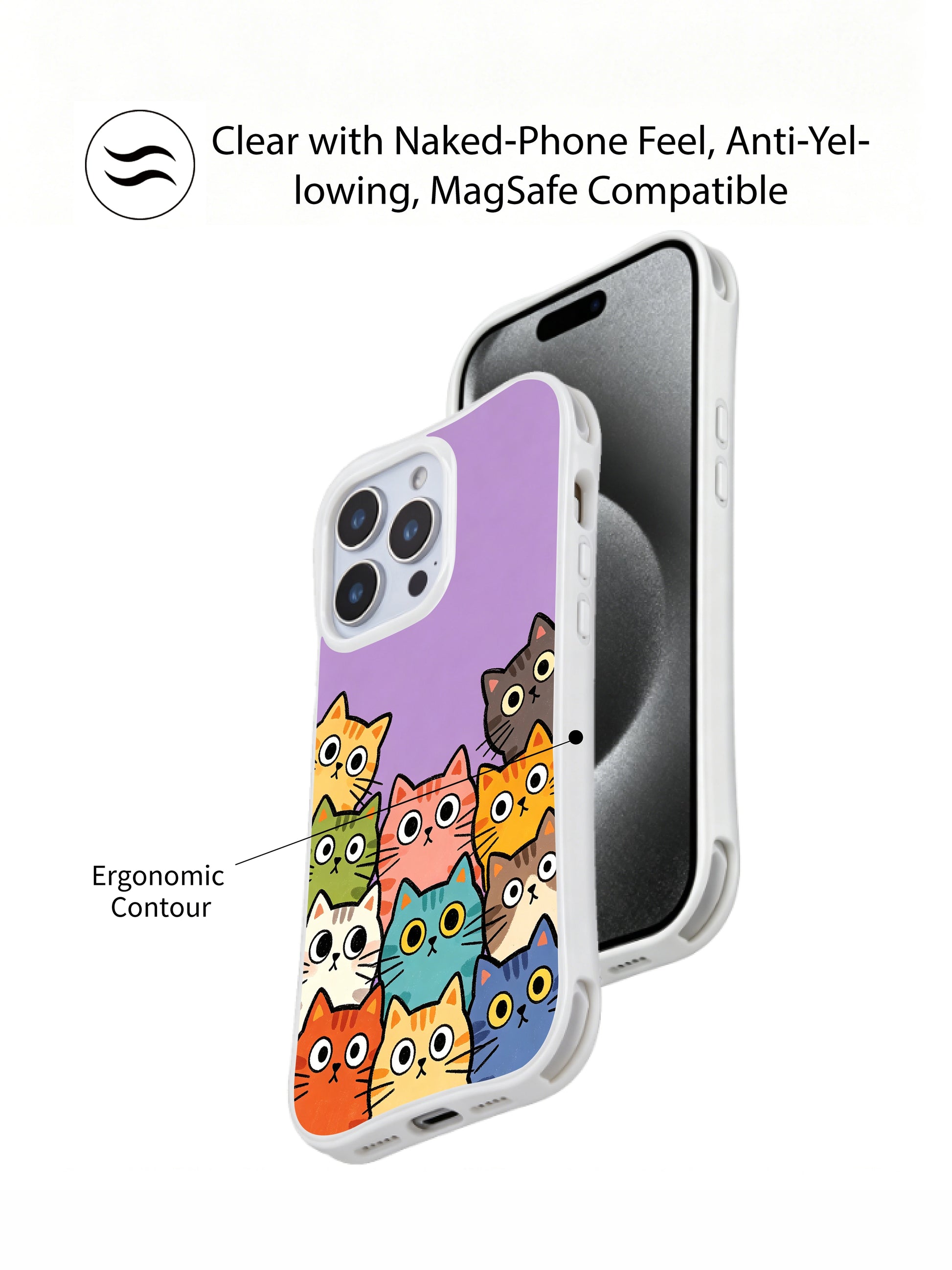 honeCasing iPhone 16 pro max clear case showing cats on a bright purple background, capturing playful, theatrical charm.