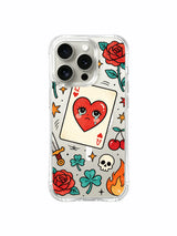 PhoneCasing iPhone 15 pro Case with offset queen heart card, side lipstick, scattered cherry, four-leaf clover and tiny skull decor, anti-drop lightweight protective iPhone 15 pro casing ideal for women’s gift.