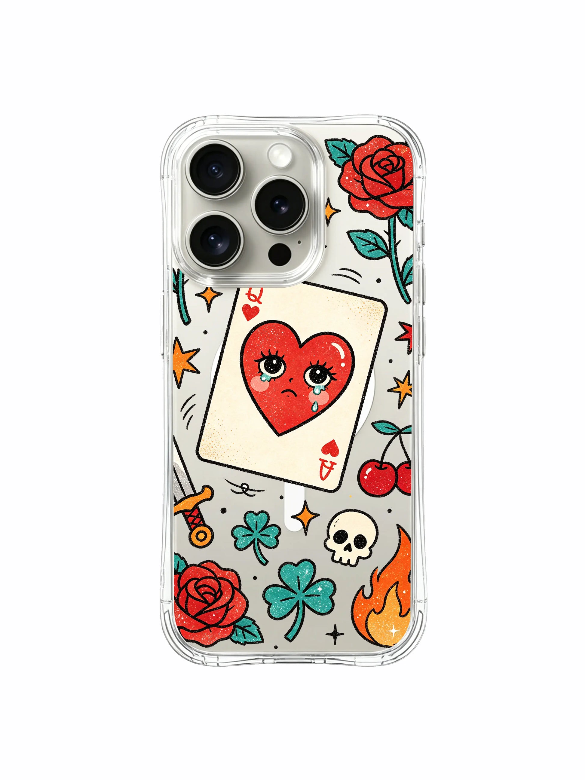 PhoneCasing iPhone 15 pro Case with offset queen heart card, side lipstick, scattered cherry, four-leaf clover and tiny skull decor, anti-drop lightweight protective iPhone 15 pro casing ideal for women’s gift.