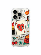 PhoneCasing iPhone 15 pro Case featuring top-placed queen heart card, upper red rose, side vintage dagger and warm flame detail, collectible old school tattoo protective iPhone 15 pro casing.