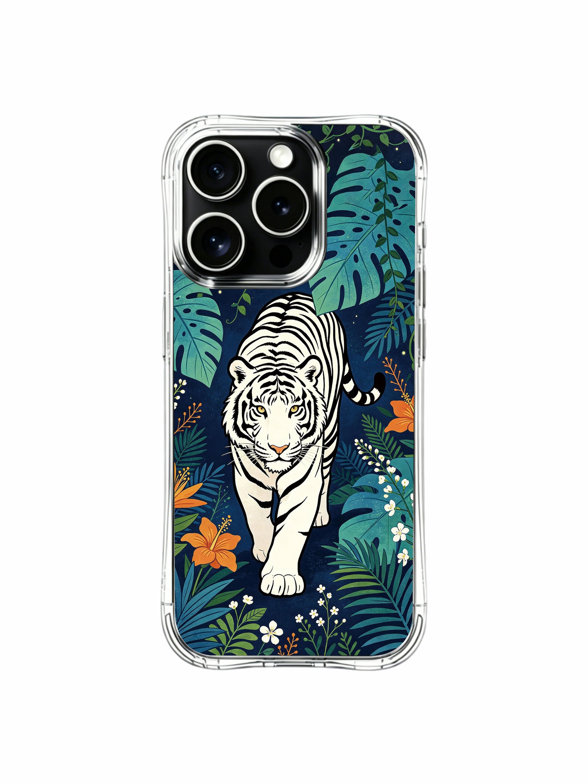 Quiet confidence symbolic white tiger wild nature iPhone 13 Pro Case by PhoneCasing, layered tropical leaf detailed phone casing, premium USA handcrafted art protective case