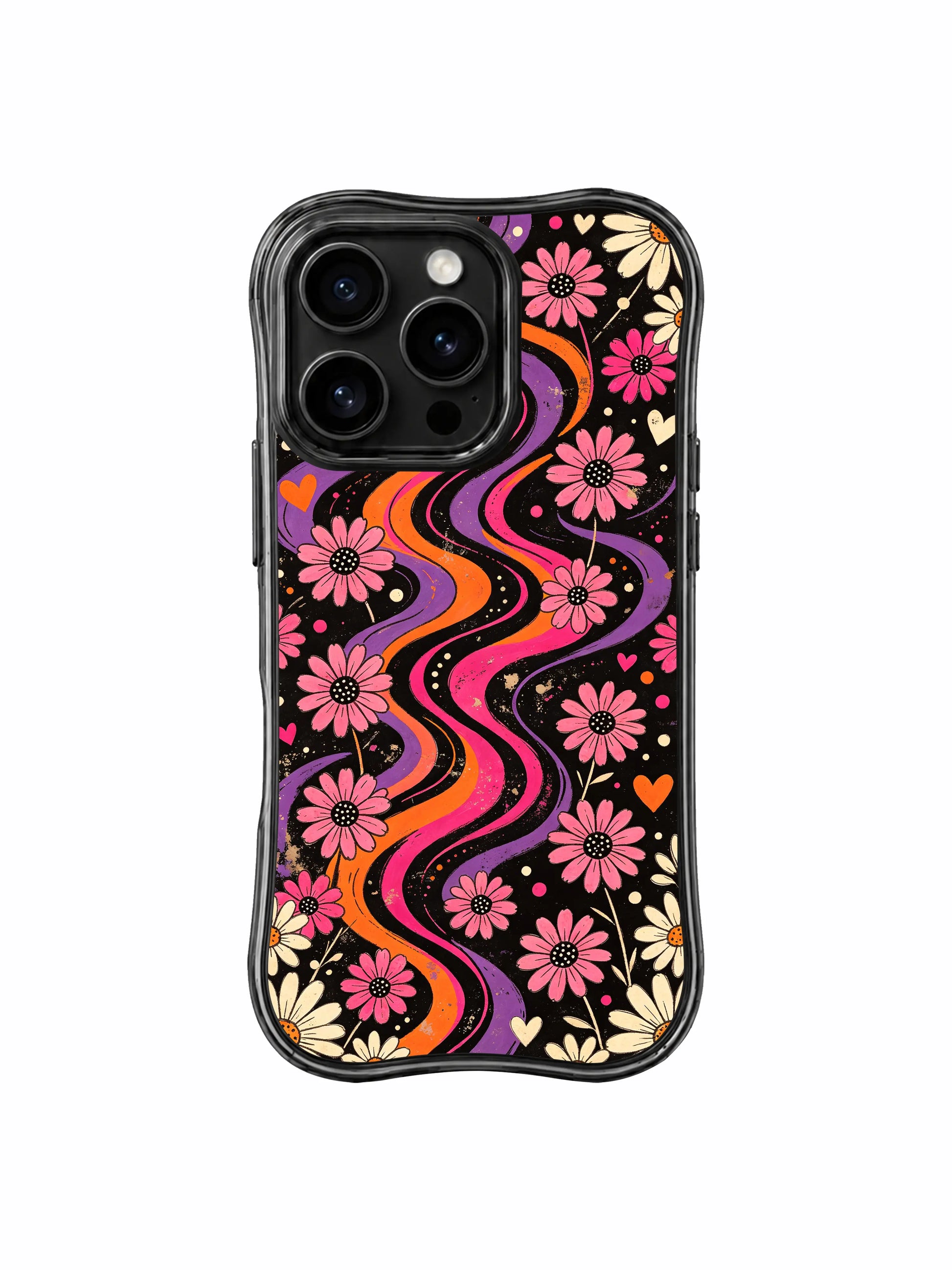 PhoneCasing iPhone 16 pro Case with warm moody black base and gentle floating daisy heart swirl motifs, Ruby Daze Tangerine Love Field wavy design for daily nostalgic vintage wear.