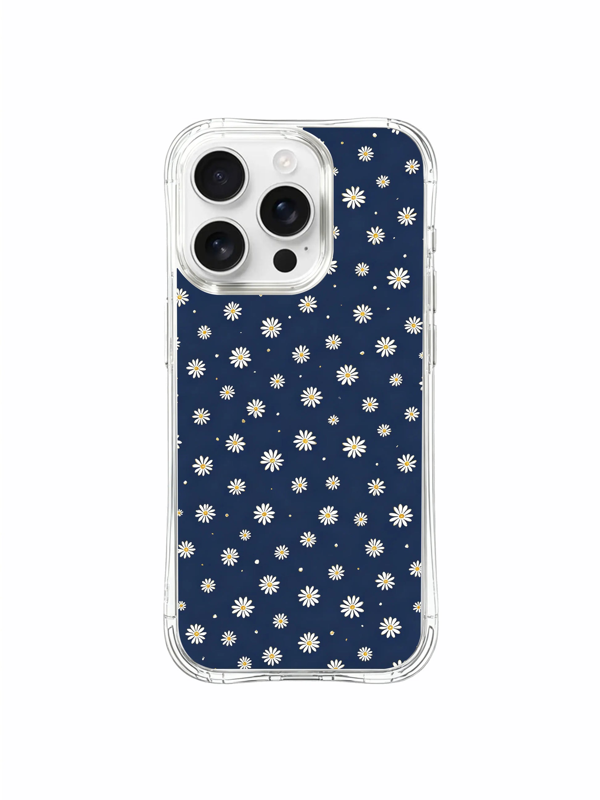 PhoneCasing iPhone 16 Pro Max Case featuring Quietly Firm Daisies art, simple blooms on deep blue that symbolize gentle yet unshakable beauty.