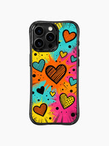 PhoneCasing iPhone 13 Pro Max cover detailed radial comic action burst lines radiating out from central hearts, mixed size striped and dotted heart accents, retro comic crush pop art phone case.