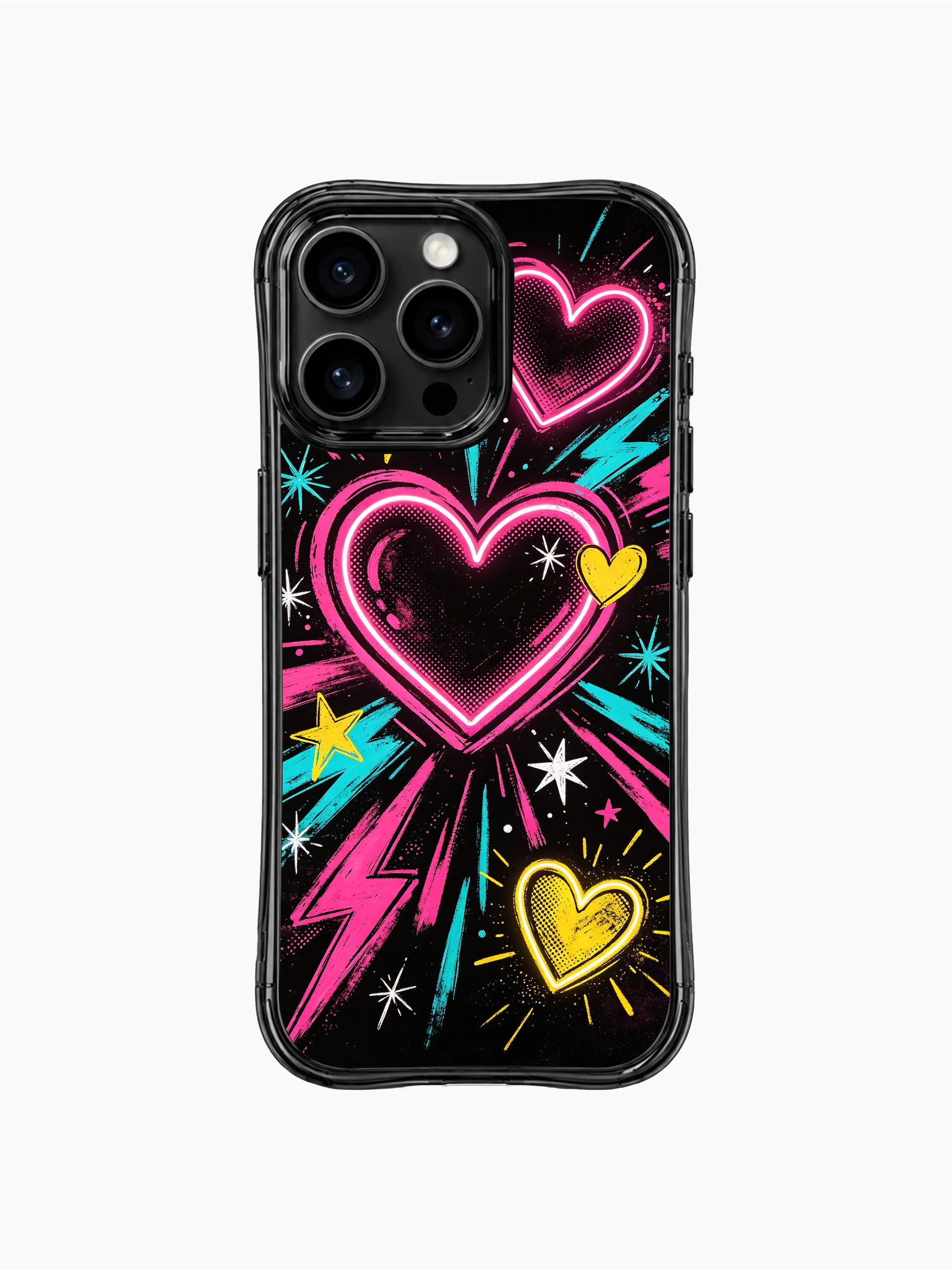 PhoneCasing iPhone 13 Pro Max cover thick radiating brushstroke paint burst lines spreading outward from focal neon hearts, layered halftone texture, lightning and star spark accents, retro punk crush pop art phone case.