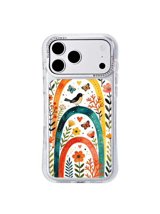PhoneCasing official Aurelia Finch artist collab iphone 17 pro Max casing showcasing the Colorful Arch Garden illustration, hand-painted folk watercolor rainbow arches, flying songbirds, resting butterflies, dotted light accents and hidden heart details for uplifting new-beginning everyday style.