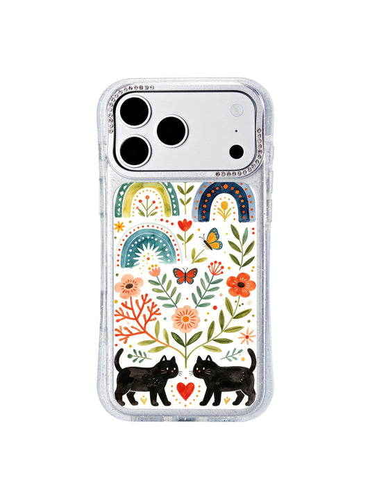 PhoneCasing official Aurelia Finch artist collab iphone 17 pro Max casing showcasing the Rainbow Arch Aviary folk watercolor design, swallows gliding through vibrant rainbow arches amid blooming flowers and playful black cats, perfect everyday wearable art.