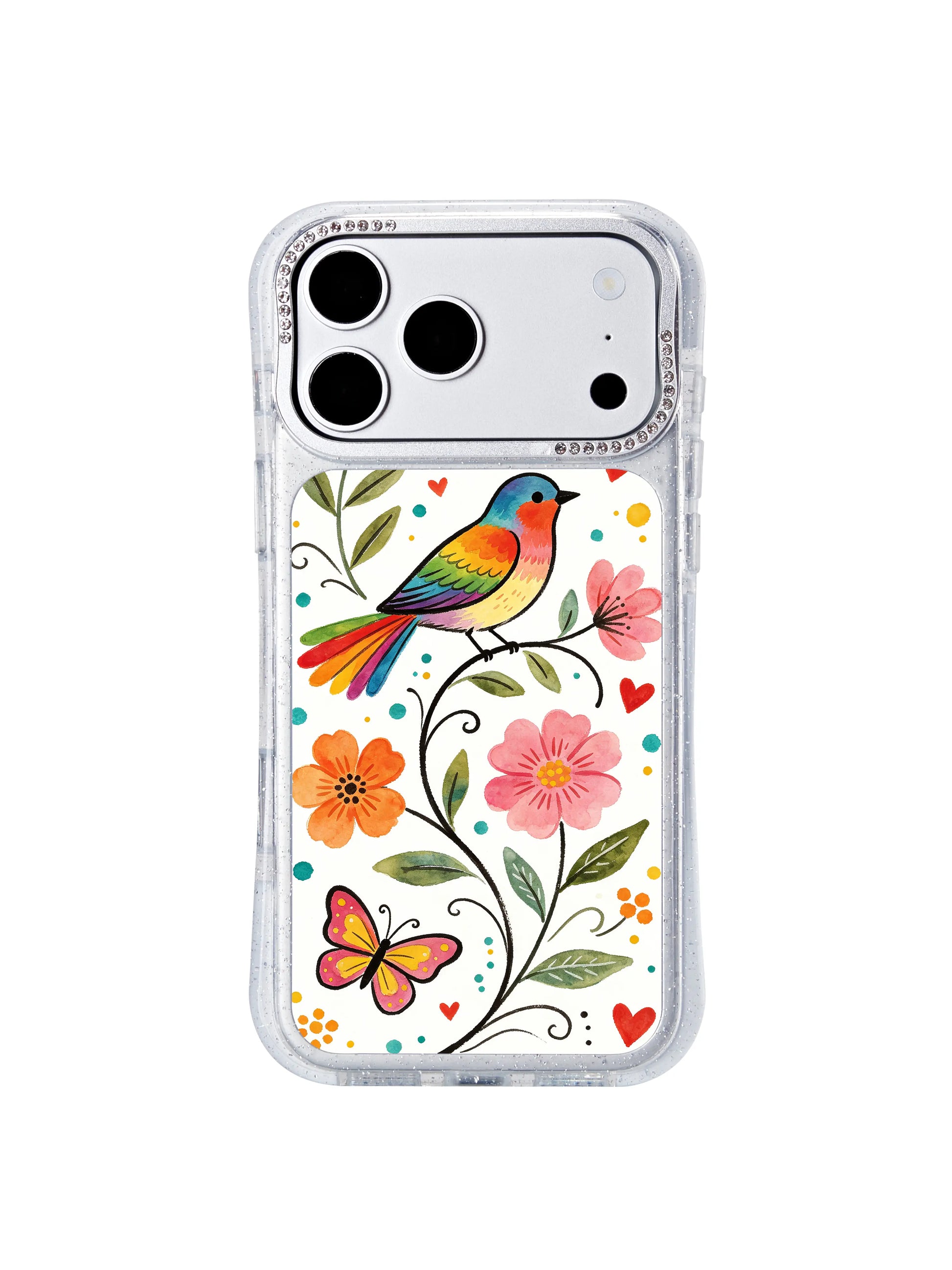 PhoneCasing exclusive artist collaboration iphone 17 pro Max case featuring Aurelia Finch’s Rainbow Bird on Flower Branch illustration, a vibrant uplifting wearable art piece for daily confidence.