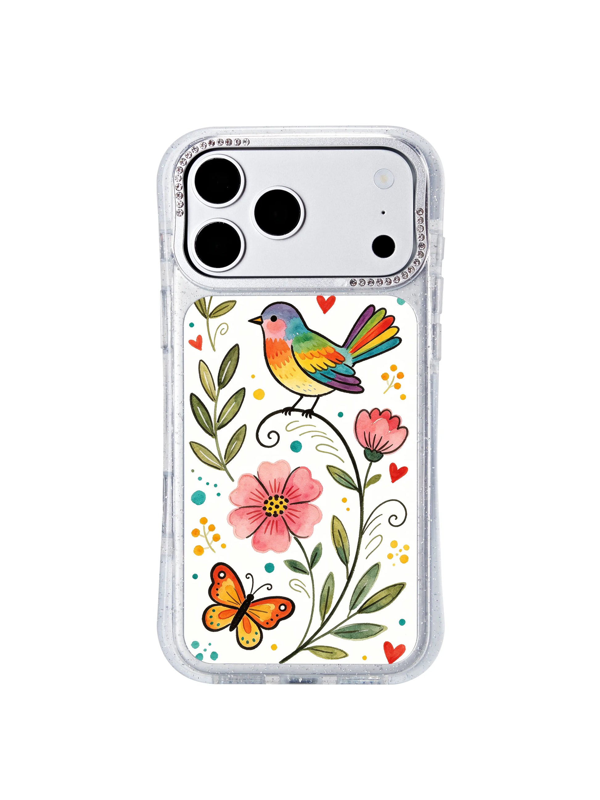 PhoneCasing camera control button friendly iphone 17 pro Max case featuring Aurelia Finch’s rainbow bird illustration, full unobstructed access to all new iPhone 17 Pro hardware features.