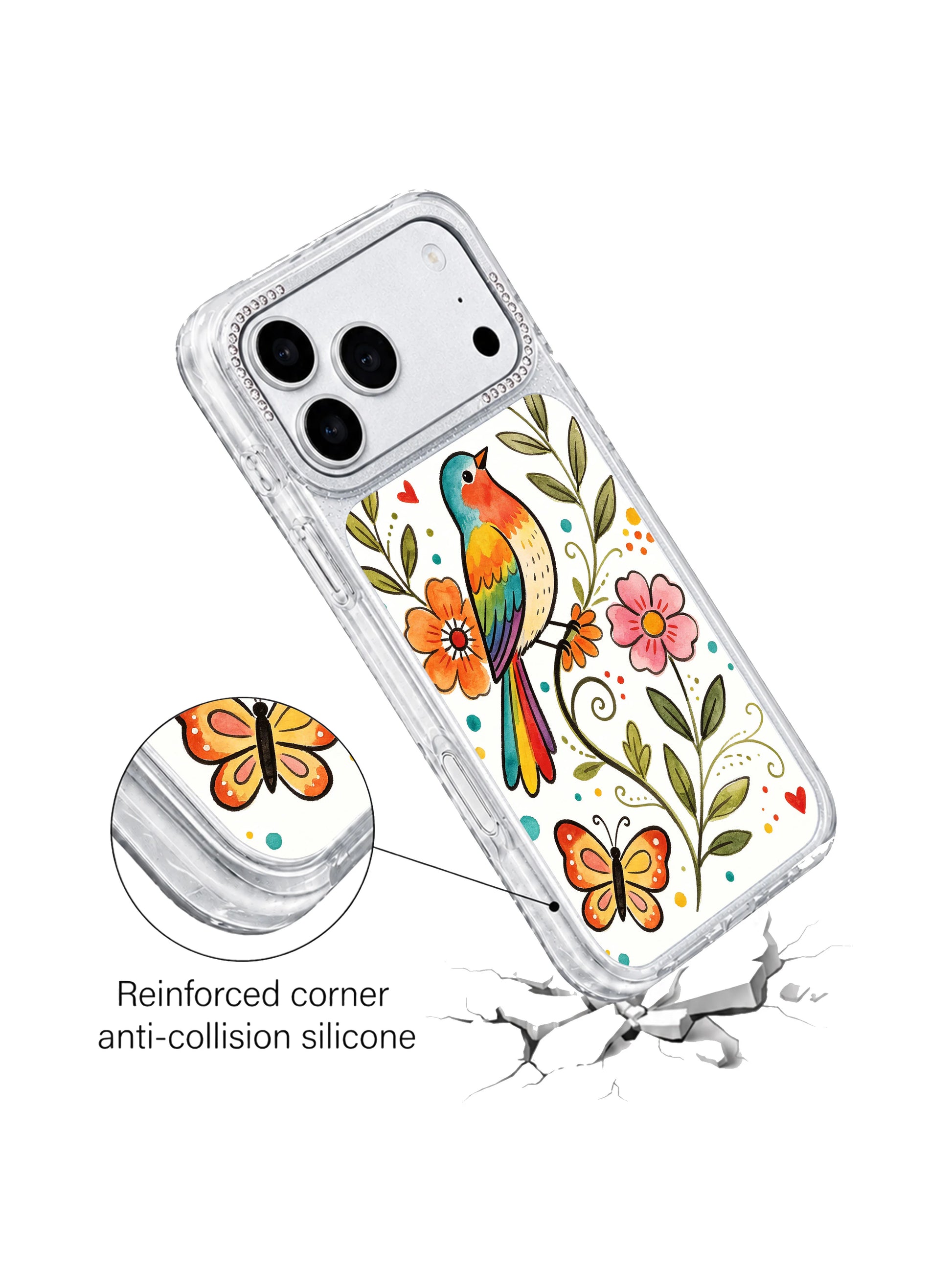 PhoneCasing charming folk garden art iphone 17 pro Max case from Aurelia Finch’s series, vibrant rainbow bird, butterfly and floral motif with hand-drawn charm.