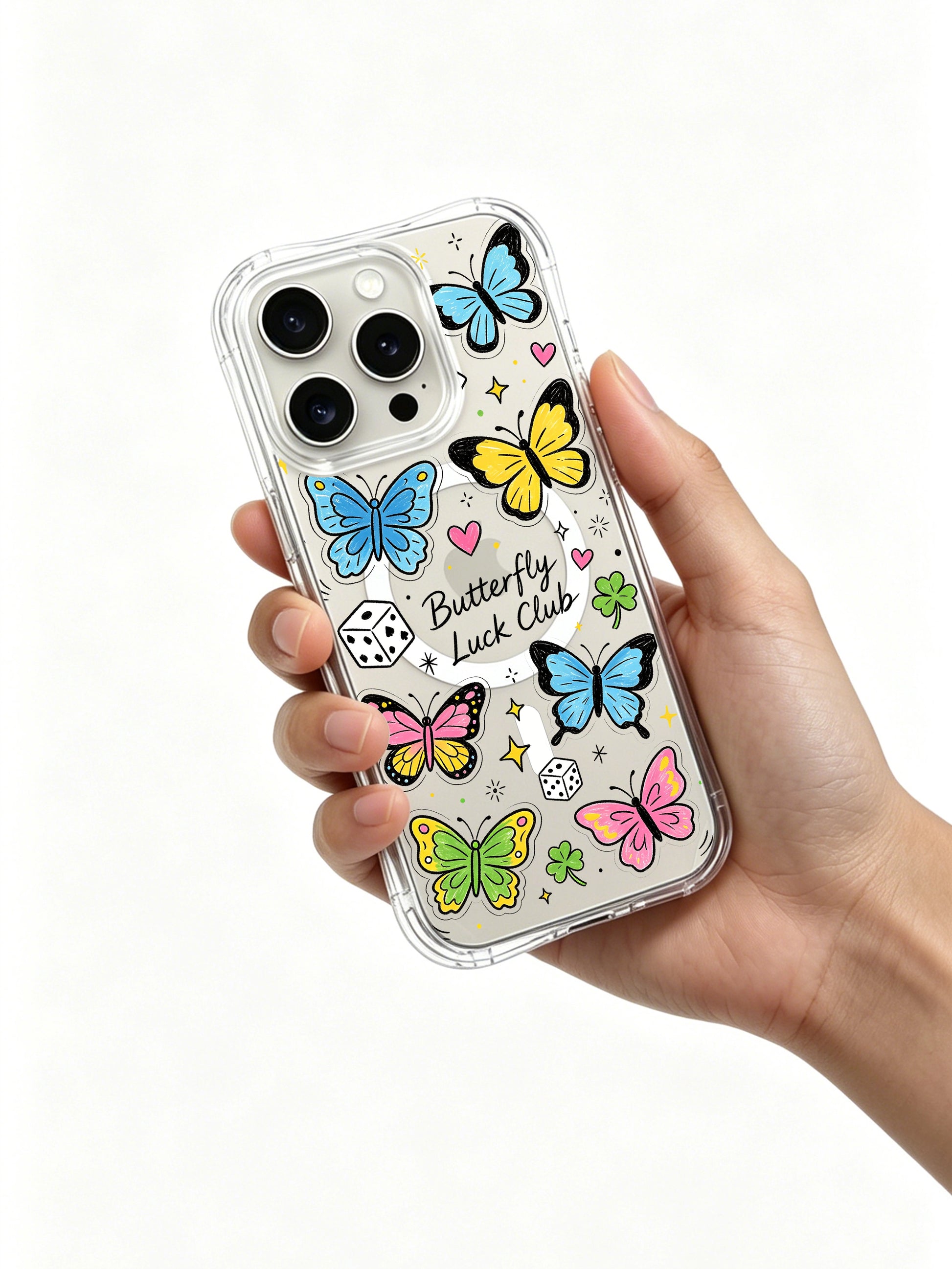 PhoneCasing iPhone 16 pro max drop-proof MagSafe case with rainbow-colored butterflies, dice, ace cards and clover motifs in a cheerful lucky-themed doodle.