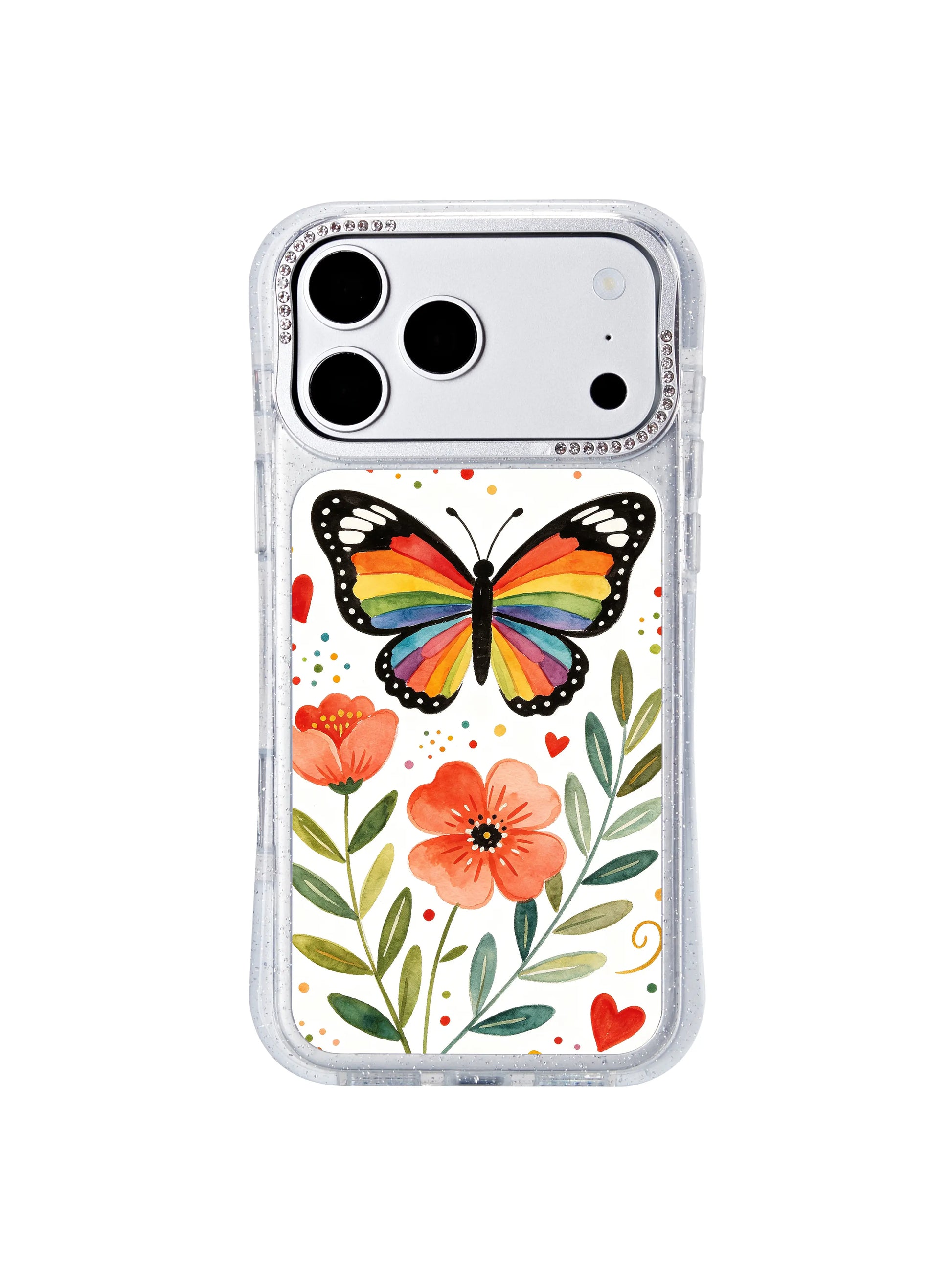 PhoneCasing whimsical folk style iphone 17 pro Max casing designed by Aurelia Finch, bold rainbow wing butterfly paired with orange poppy blooms, warm heart dot details for nature art lovers.