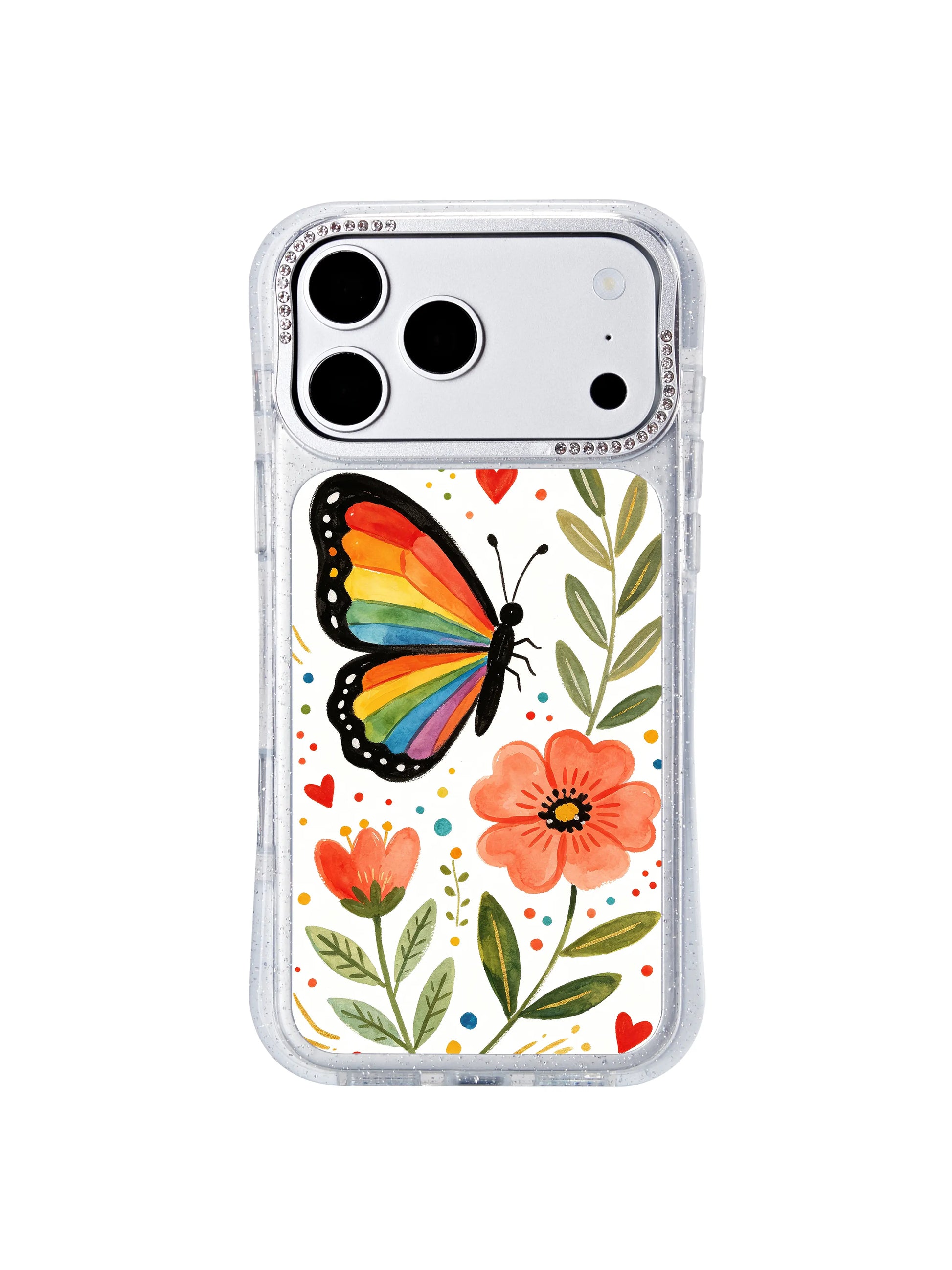 PhoneCasing slim lightweight iphone 17 pro Max casing featuring Aurelia Finch’s protective rainbow butterfly floral motif, low-profile shockproof frame easy to slide into purses and pockets.