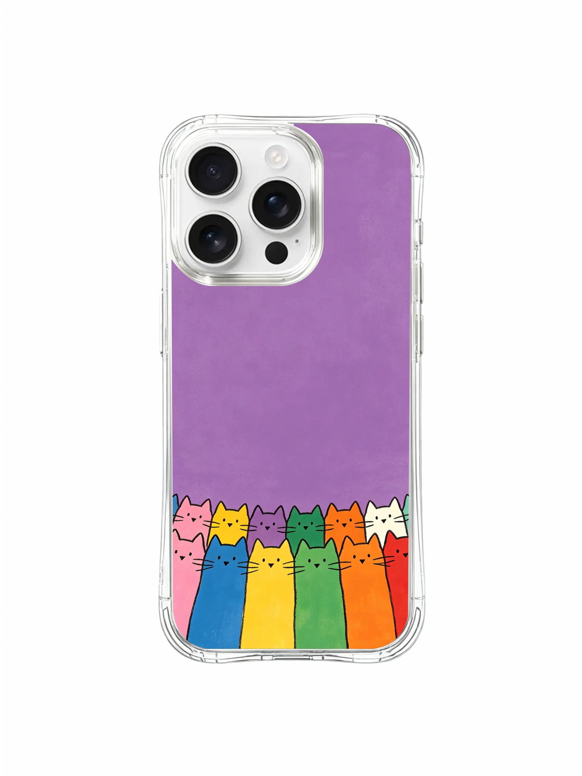 PhoneCasing iPhone 16 Pro Max showcasing the Rainbow Cat Crowd pattern, playful multicolored cats under a dreamy purple sky.