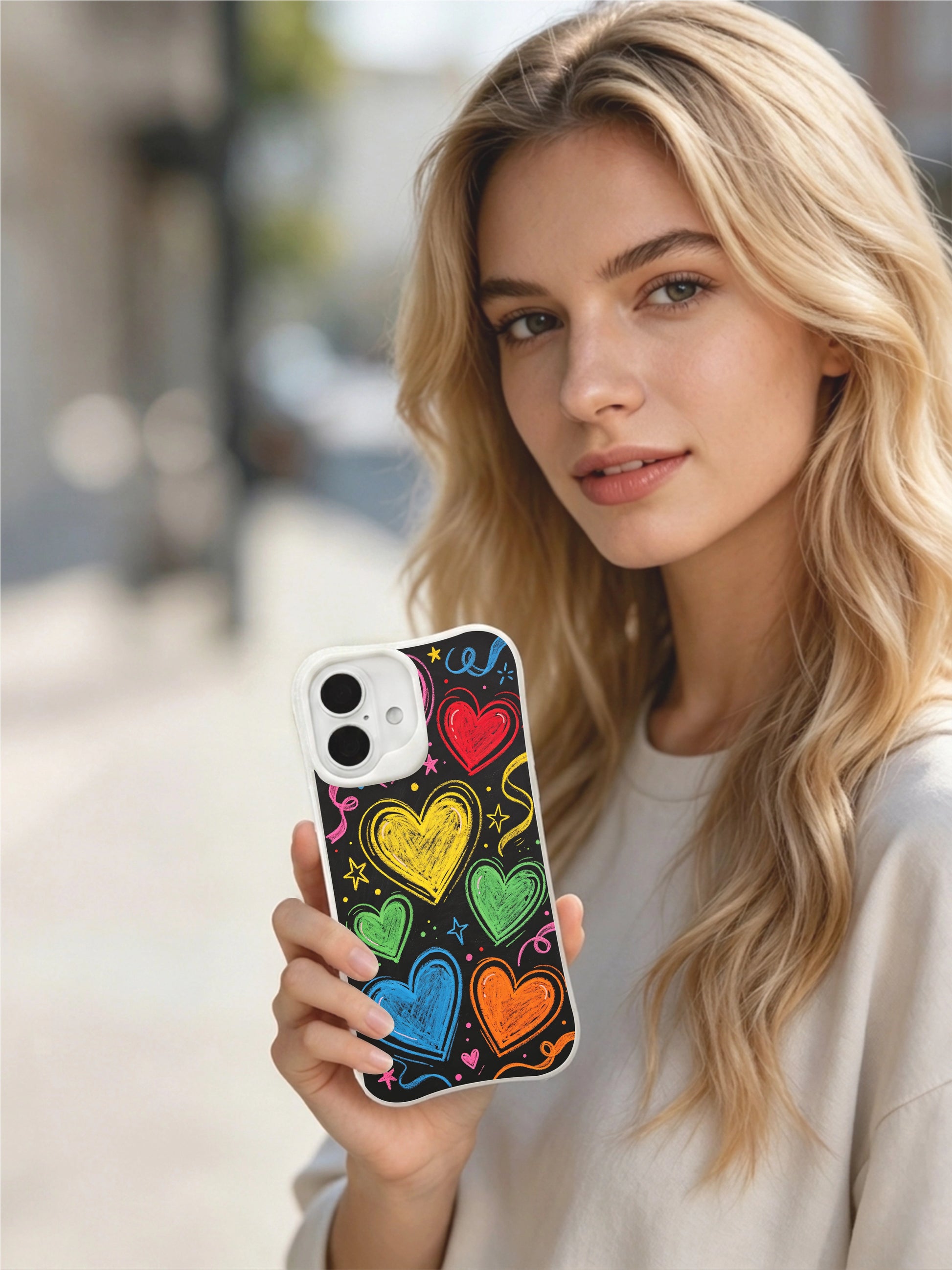 PhoneCasing Rainbow Chalk Hearts Case for iPhone 16 Plus, a vibrant iPhone 16 plus casing with multicolor chalk hearts and party streamers.
