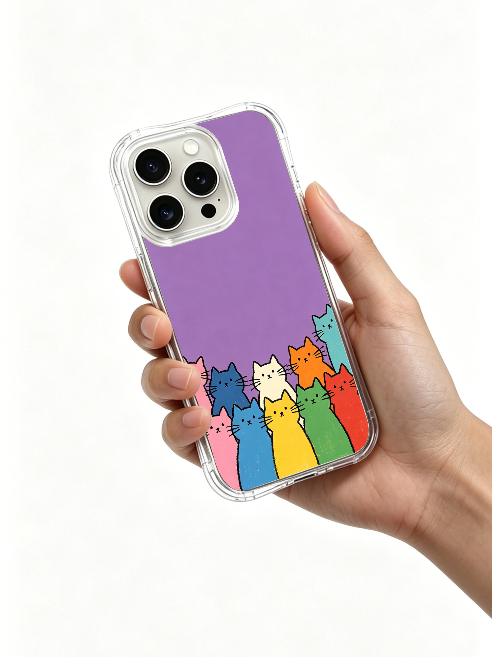 PhoneCasing iPhone 16 Pro Max showcasing Rainbow Feline Gathering, Mimi Colorfield’s design of multicolored cats under a purple sky.