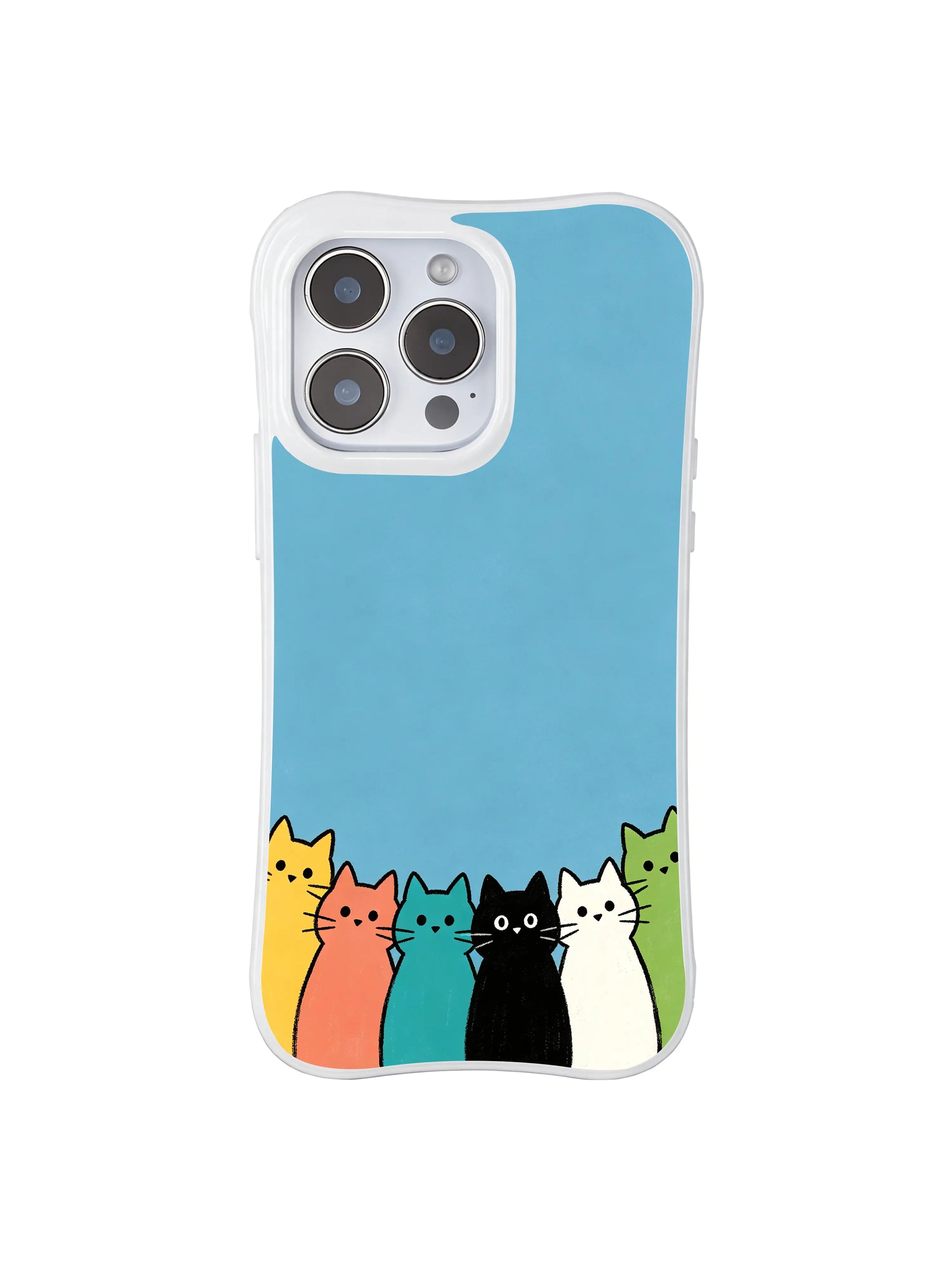 PhoneCasing iPhone 16 Pro Max with Rainbow Feline Queue design, cheerful multicolored cats forming an imperfect line on blue.