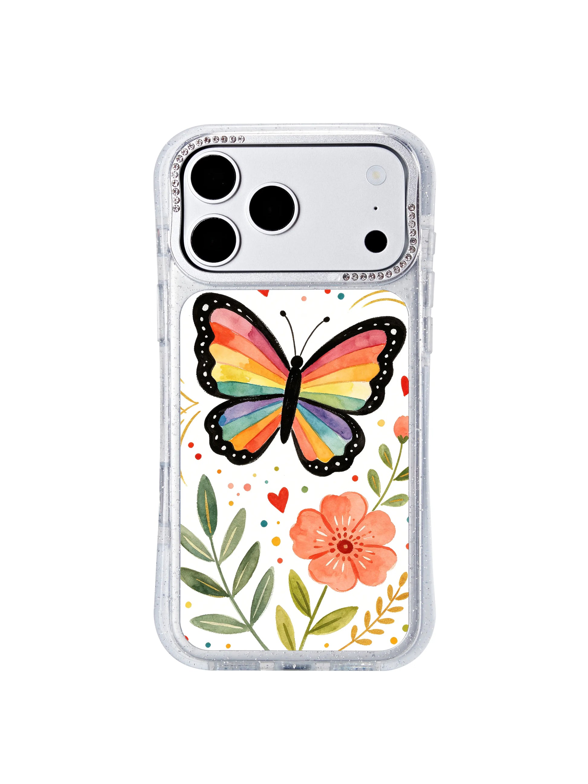 PhoneCasing crystal camera rim friendly iphone 17 pro Max case with Aurelia Finch’s rainbow butterfly garden print, full unblocked access to iPhone 17 Pro camera control hardware.