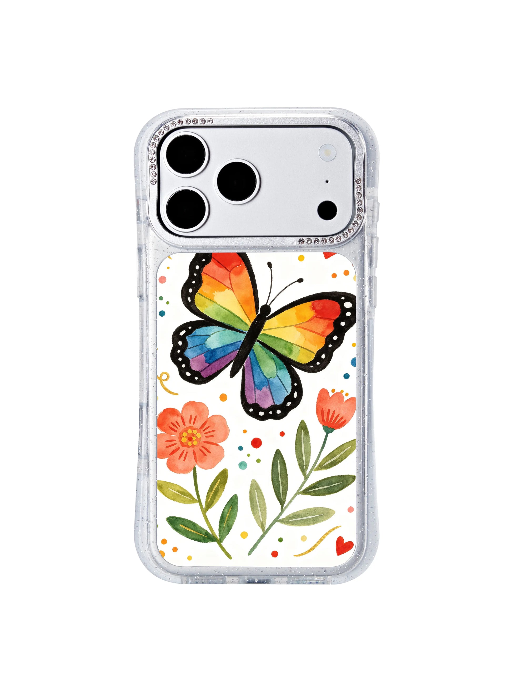 PhoneCasing premium wearable fine art iphone 17 pro Max case from Aurelia Finch curated artist collection, museum-grade rainbow butterfly garden illustration for everyday device styling.
