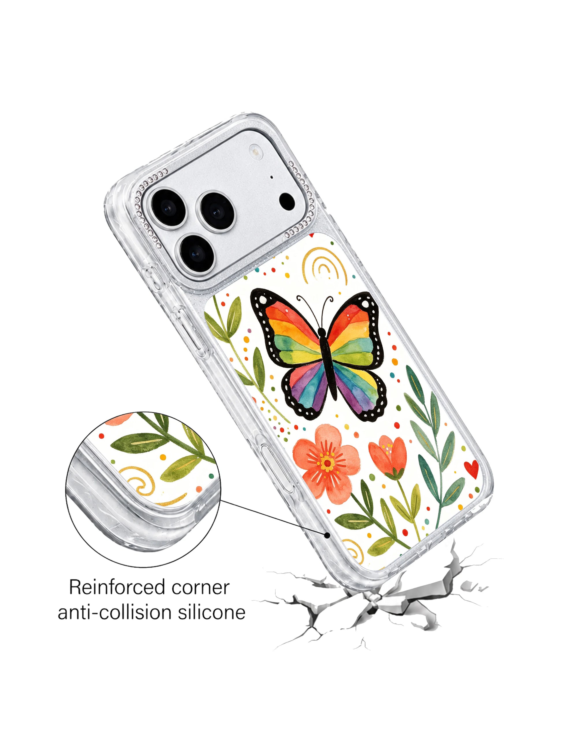 PhoneCasing charming colorful folk butterfly iphone 17 pro Max case from Aurelia Finch’s garden series, dotted heart accents and soft orange poppy blooms with striking rainbow wing contrast.