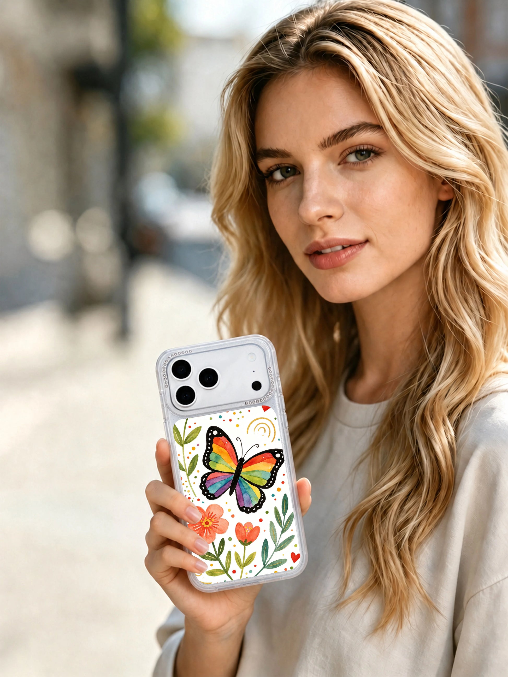 PhoneCasing whimsical everyday wear iphone 17 pro Max case with Aurelia Finch’s tiny protected garden butterfly scene, perfect for lovers of bold rainbow folk art and heartfelt warm aesthetic.