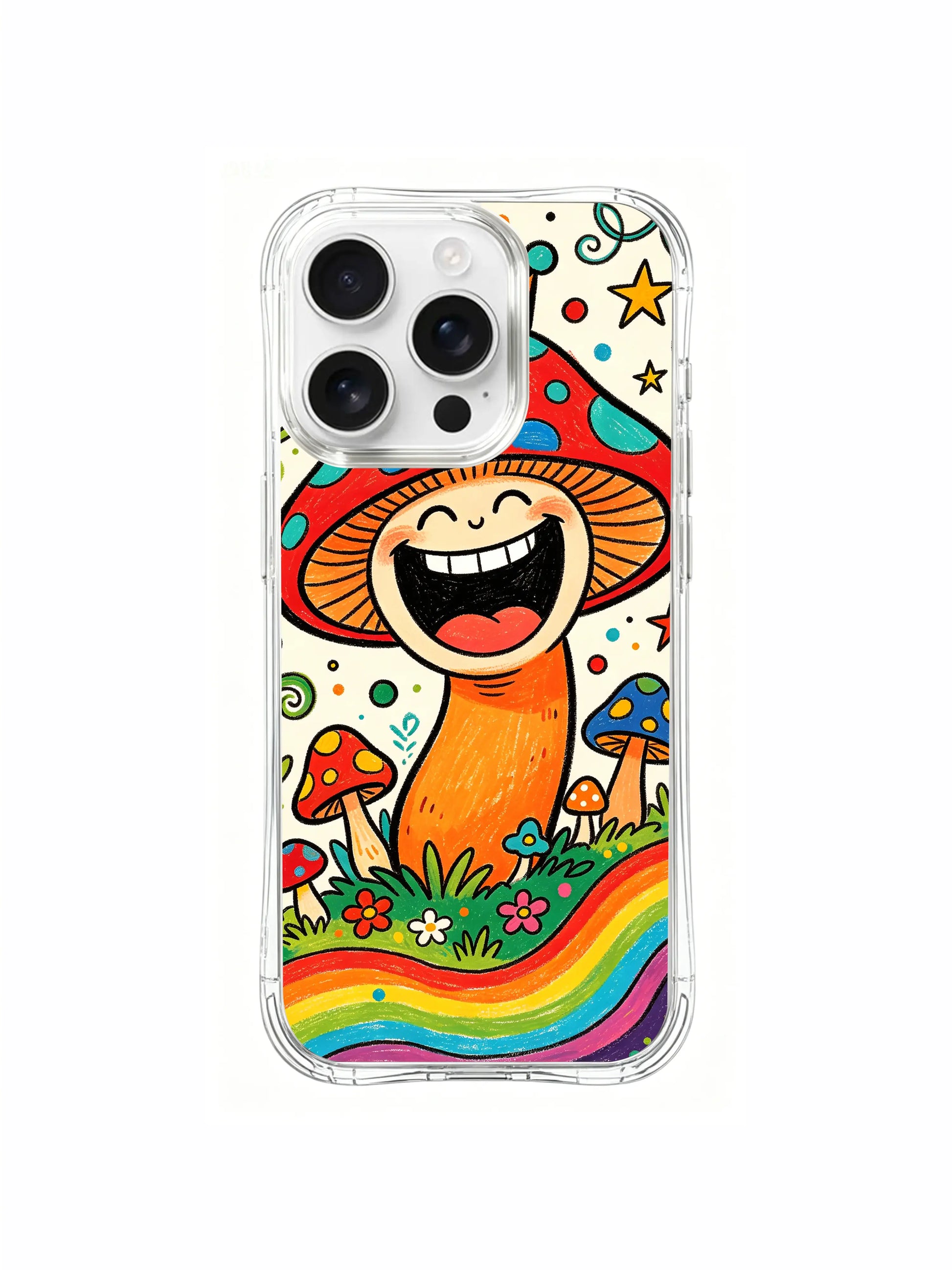 PhoneCasing iPhone 16 pro max Case, rainbow grass base bespoke illustrated casing featuring laughing mushroom king, exclusive Luna Moss artist collab gallery grade California crafted art case