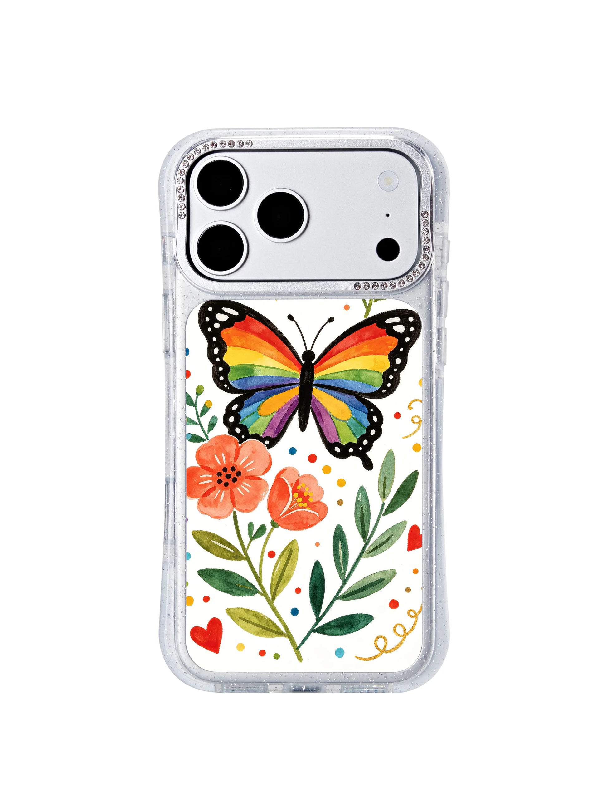 PhoneCasing bold cheerful iphone 17 pro Max casing with Aurelia Finch’s warm guardian butterfly illustration, bright rainbow palette evoking confidence, love and gentle protective warmth.