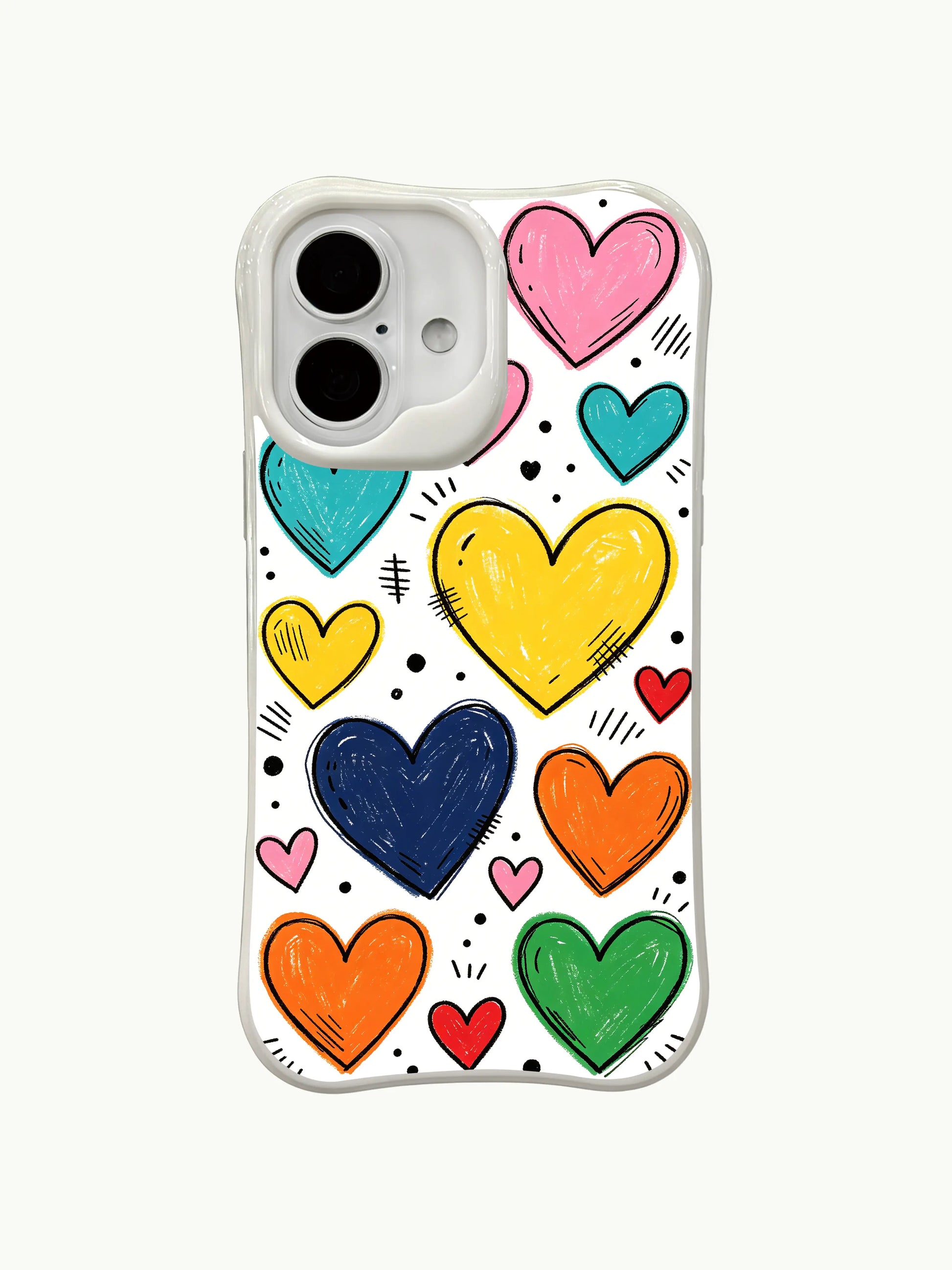 PhoneCasing Rainbow Heart Sketches Case for iPhone 16 Plus, a fun iPhone 16 plus casing with textured hand-drawn hearts and doodle details.