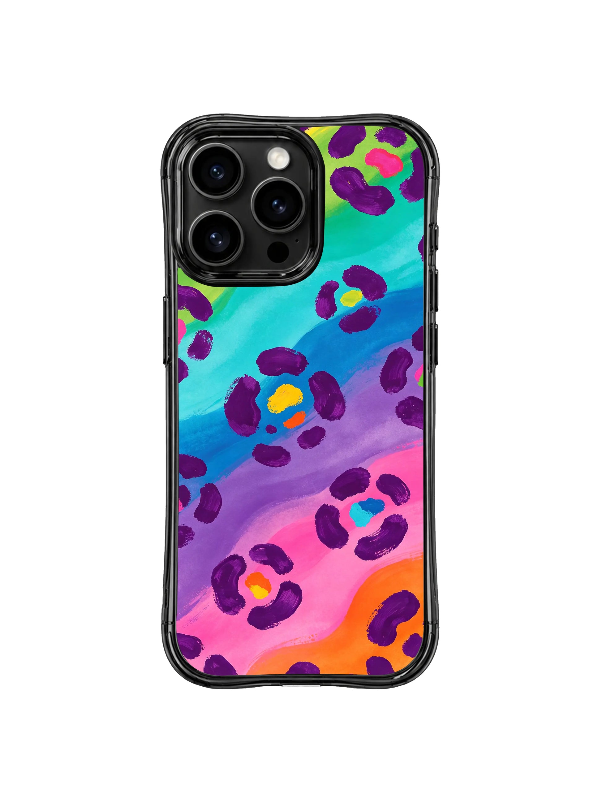 Side view of PhoneCasing rainbow leopard iPhone 14 Pro Case, slim durable build with full MagSafe compatibility, precise cutouts for all buttons and camera module