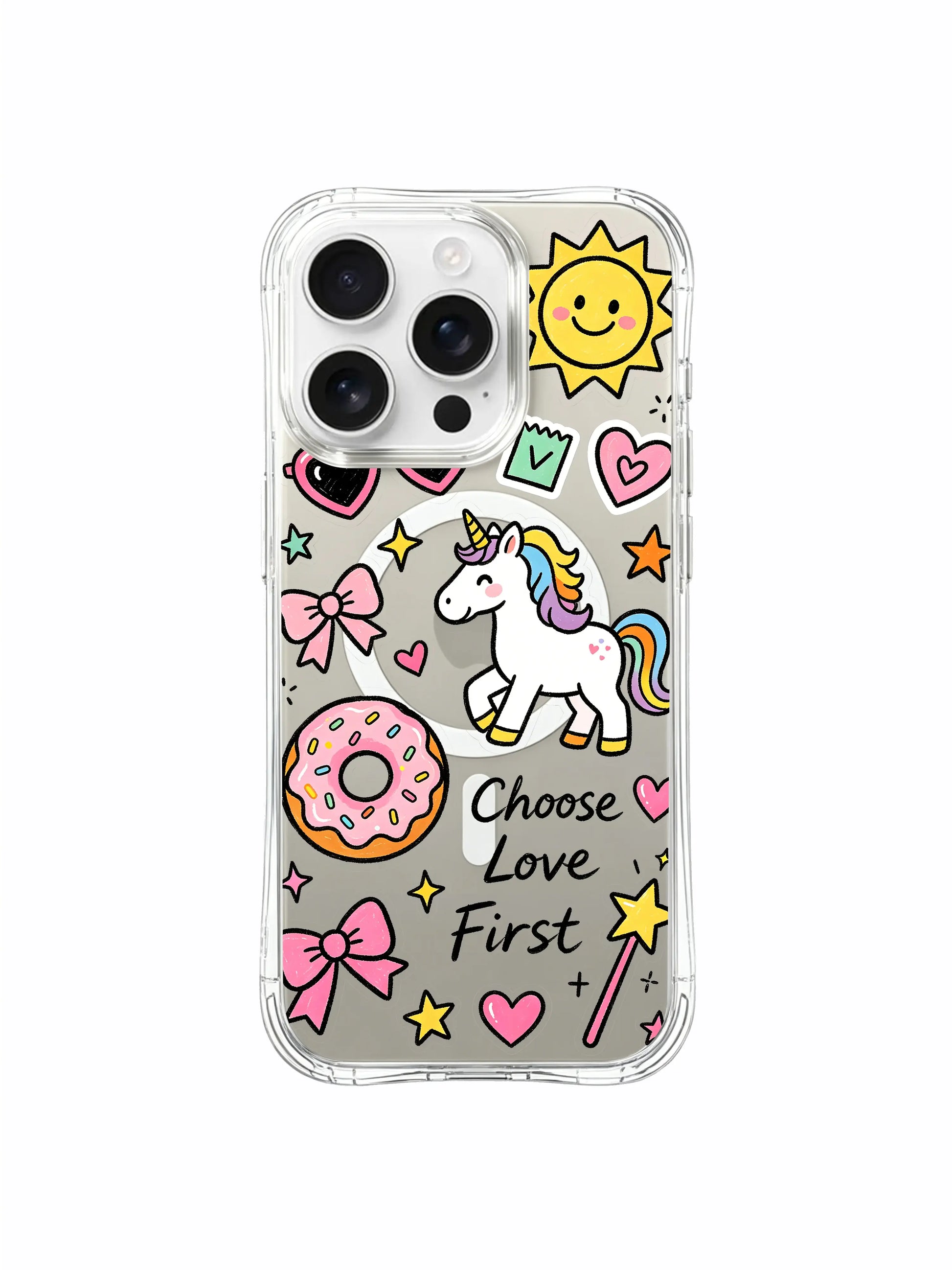 PhoneCasing iPhone 16 pro max cottagecore aesthetic case with rainbow-maned unicorn, dual-tone bows and heart-filled layout.