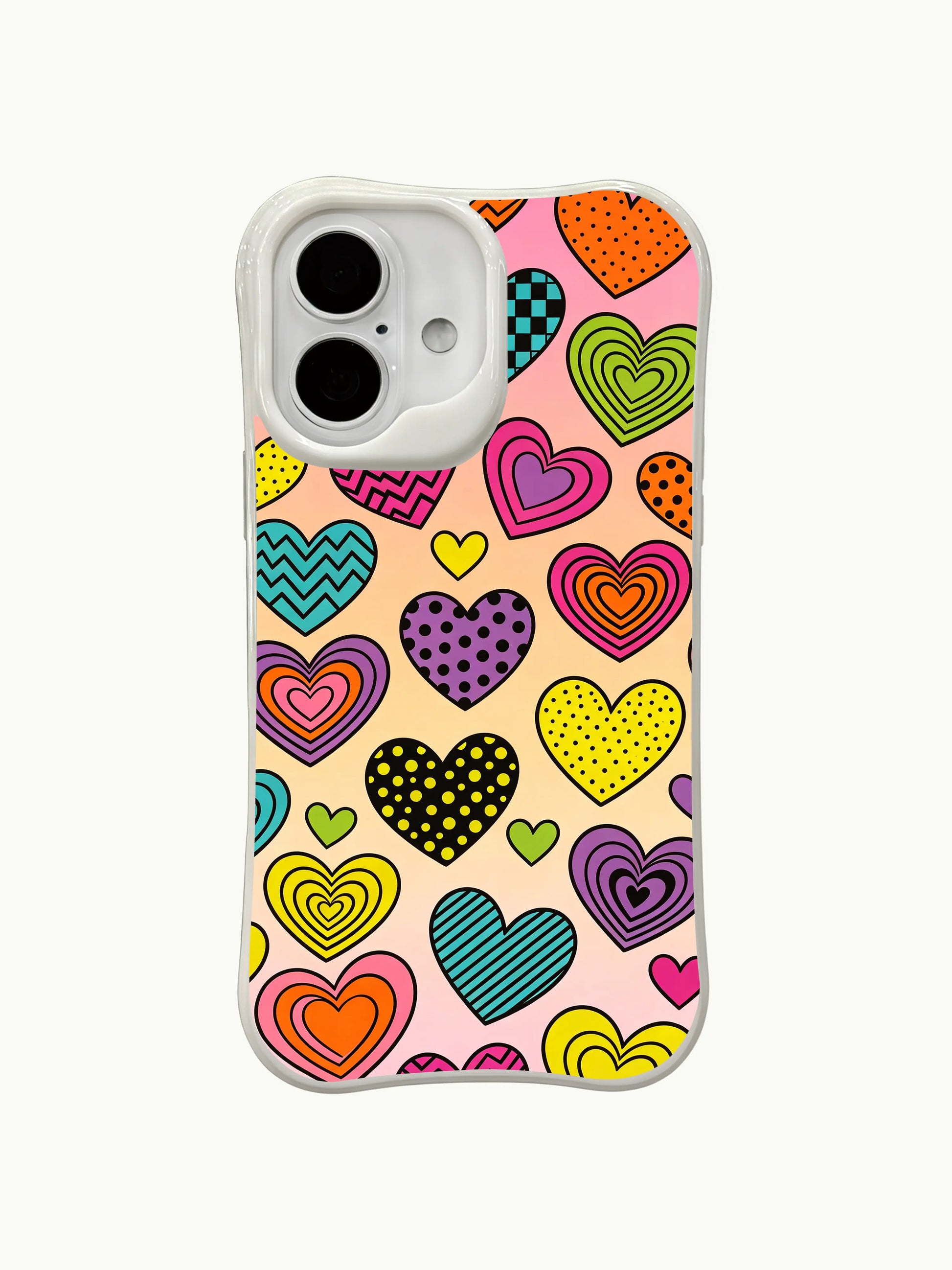 PhoneCasing rainbow retro hearts iPhone 16 plus case, creative pop art full of positive energy and playful, nostalgic vibes.