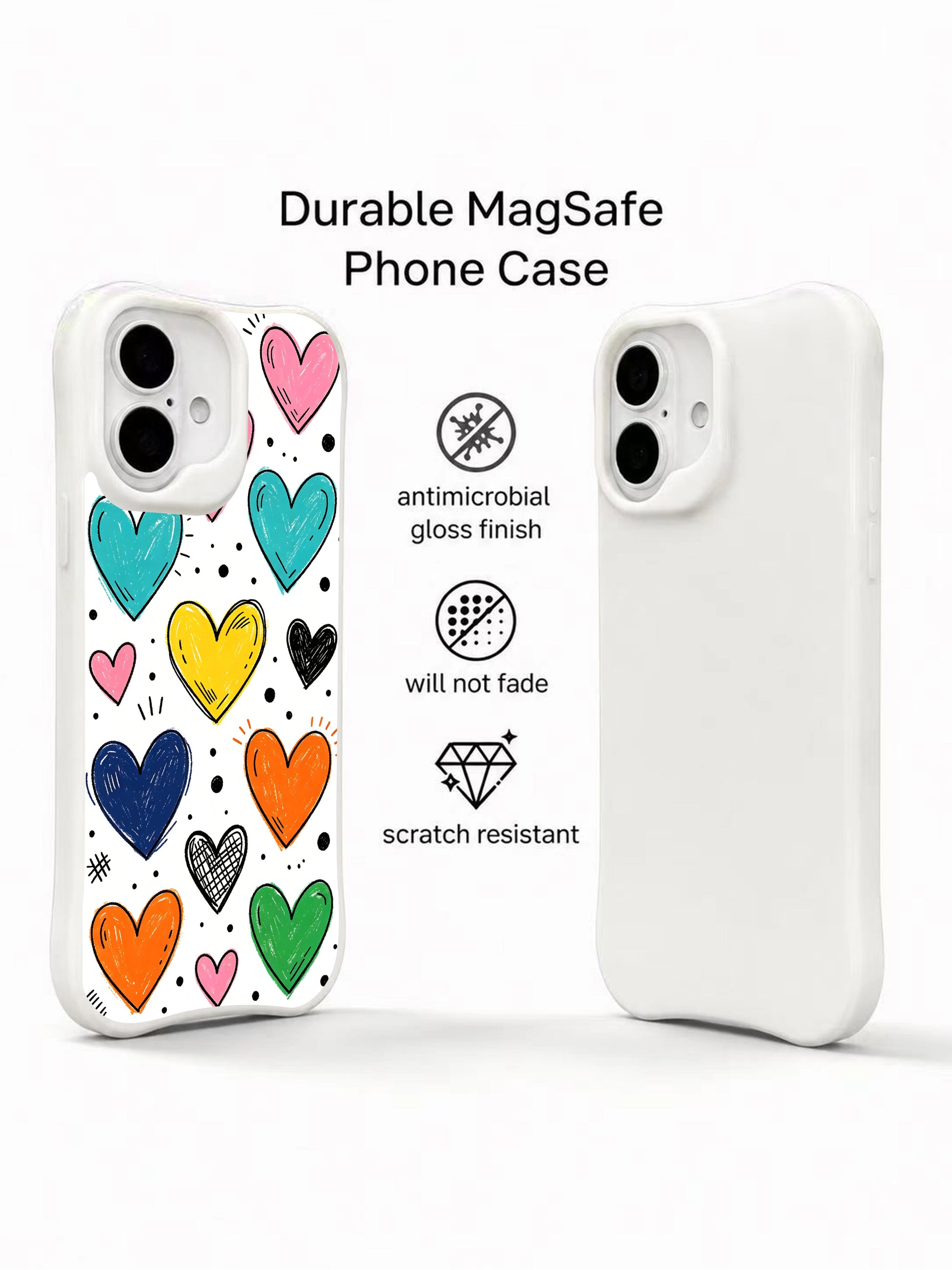 PhoneCasing Rainbow Sketch Hearts Case for iPhone 16 Plus, a whimsical iPhone 16 plus casing with hand-drawn doodle hearts and textured lines.