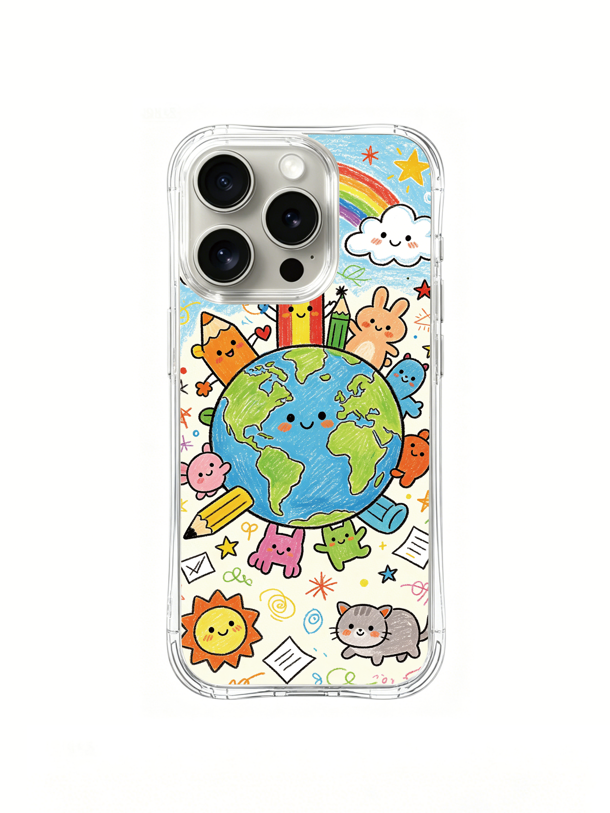 PhoneCasing iPhone 16 Pro Case featuring Milo Yun’s Color Pencil Planet with rainbow sky and creative pencil residents art design.