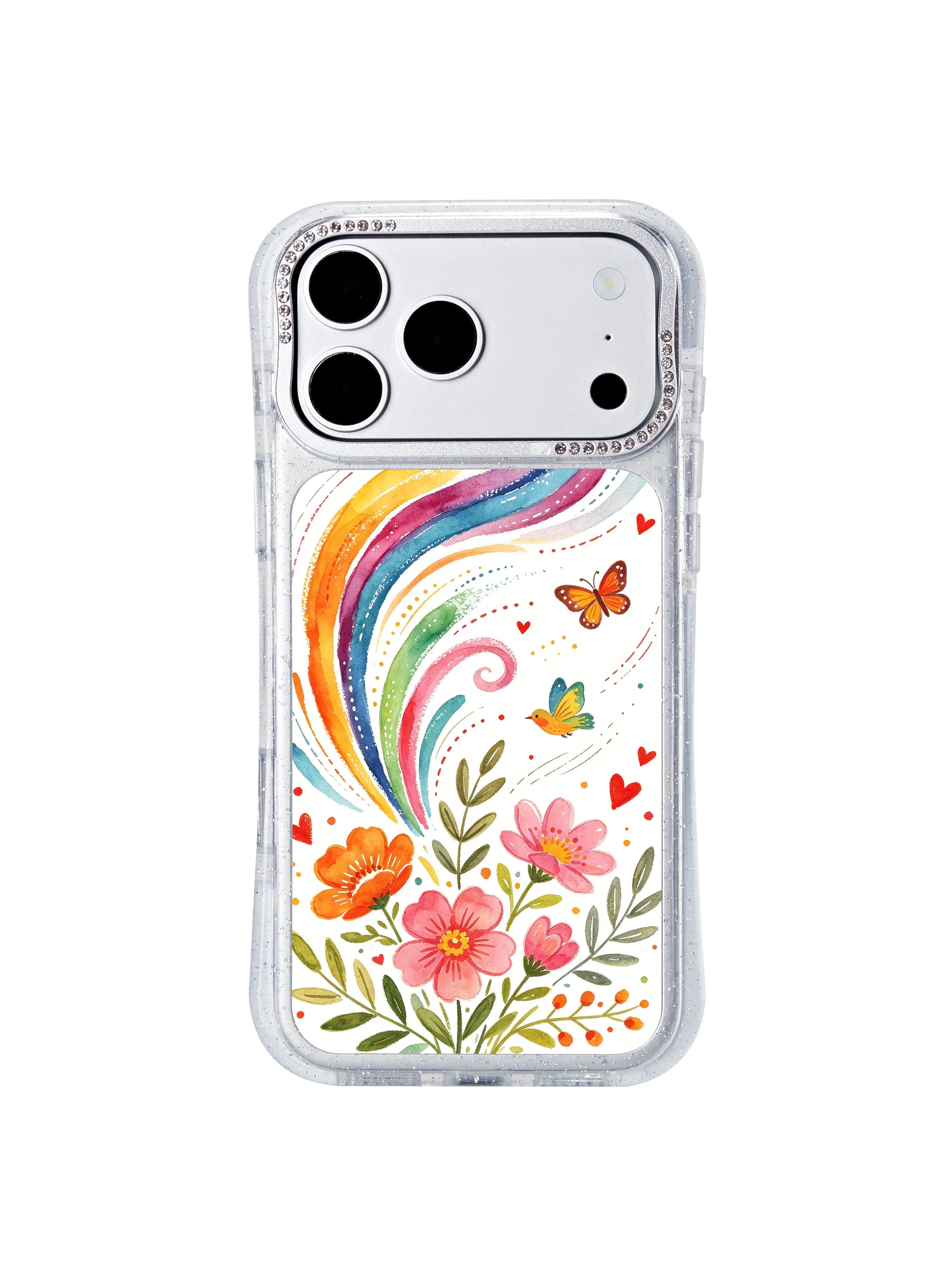 PhoneCasing official Aurelia Finch artist collaboration iphone 17 pro Max casing with Rainbow Wind Spiral Garden folk watercolor art, swirling rainbow trails, flying songbirds, butterflies and lush floral blooms for whimsical everyday styling.