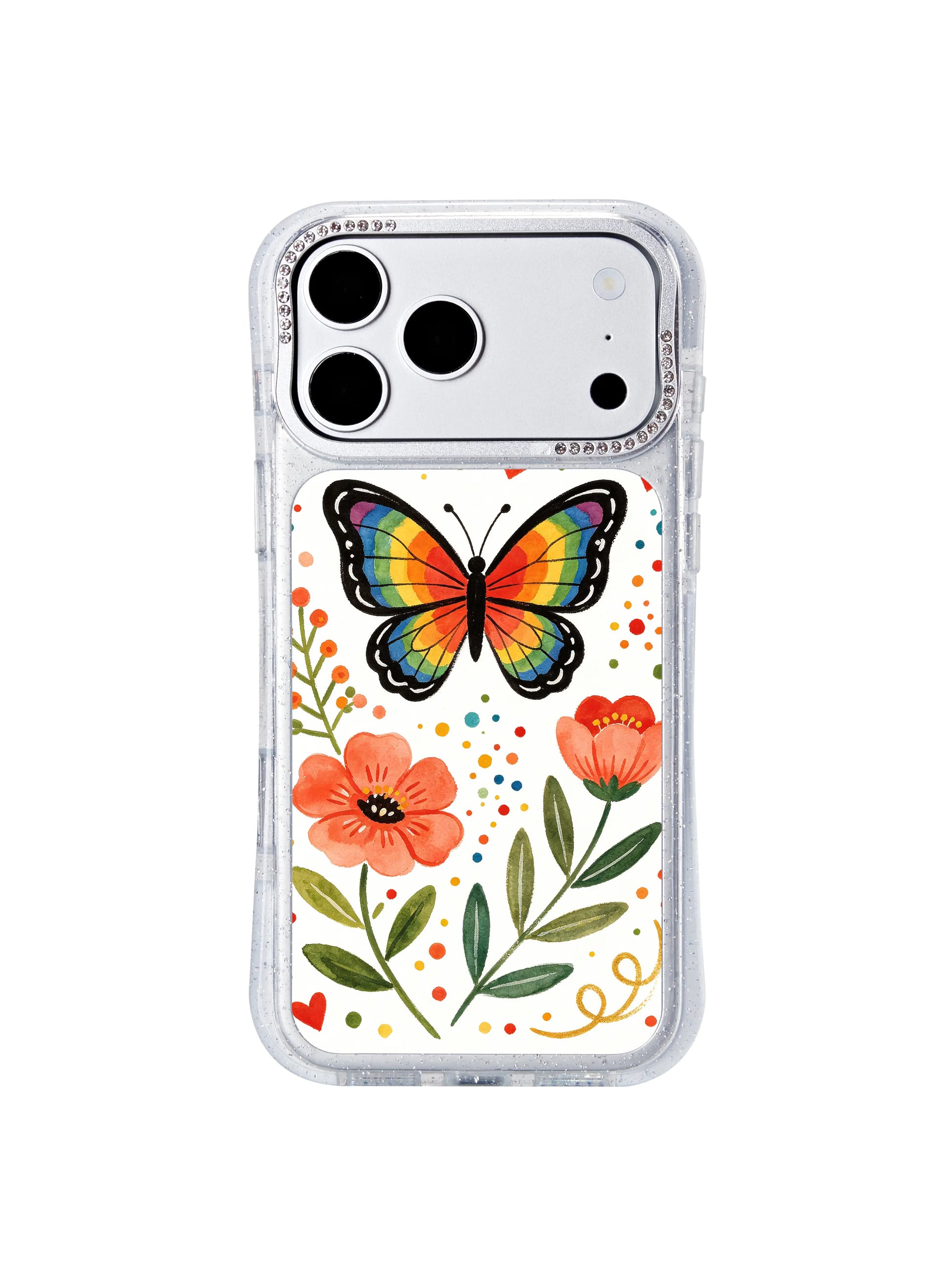 PhoneCasing limited edition iphone 17 pro Max casing by Aurelia Finch, collectible rainbow butterfly guardian floral art produced in small exclusive studio batches.