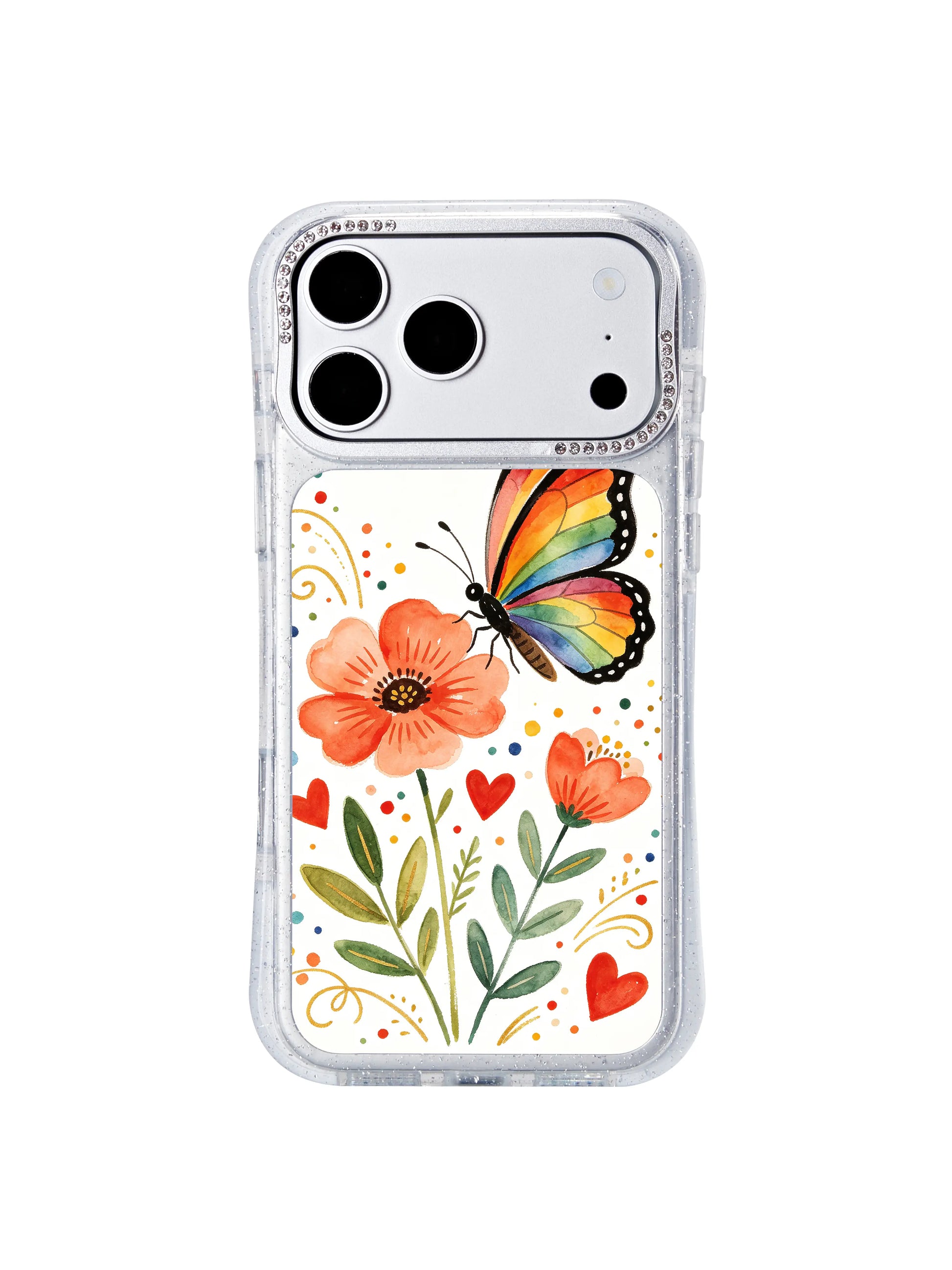 PhoneCasing exclusive artist collaboration iphone 17 pro Max case featuring Aurelia Finch’s Rainbow Wing Bloom Guardian watercolor illustration, vibrant rainbow butterfly folk wearable art for daily women’s styling.
